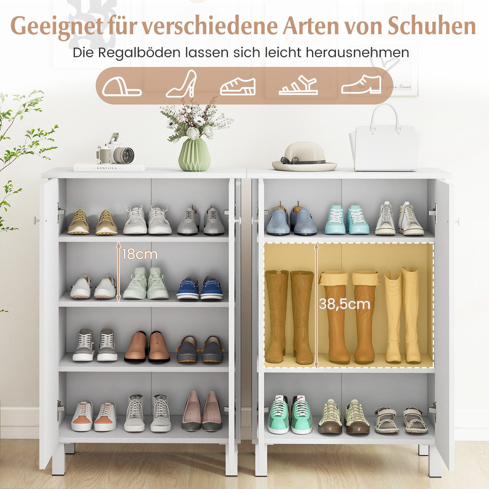 COSTWAY Schuhschrank Holz Schuhkommode mit abnehmbarem Regal 60x33,5x90cm
