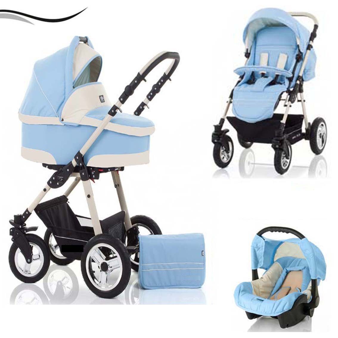 babies-on-wheels Kombi-Kinderwagen City Star 3 in 1 inkl. Autositz - 16 Teile - von Geburt bis 4 Jahre in 16 Farben Hellblau-Creme
