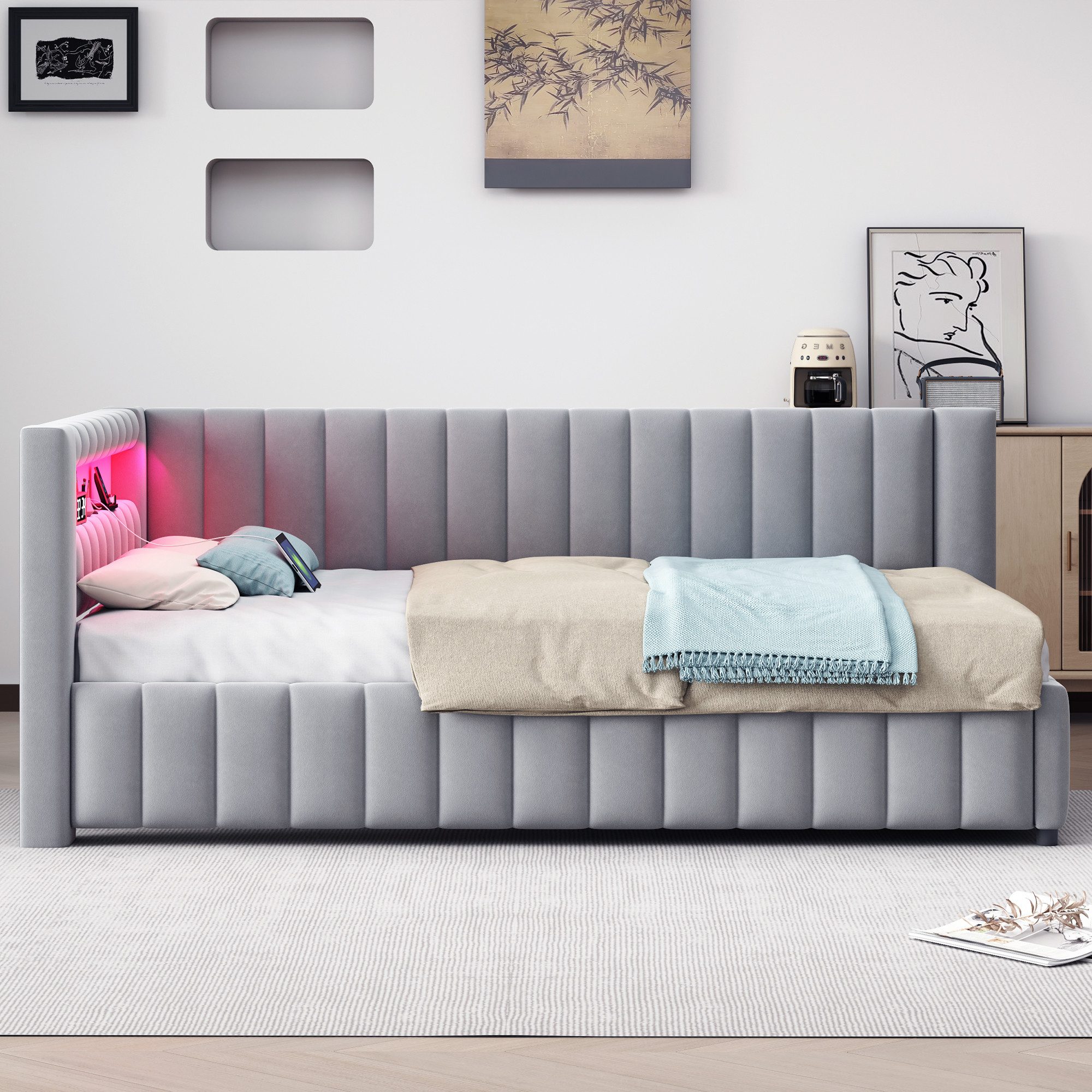MODFU Polsterbett Daybett Tagesbett Polsterbett Doppelbett Kinderbett Gästebett (mit LED-Licht, USB-Anschluss, Rückenlehne und stabilem Rahmen, für Schlafzimmer & Gästezimmer, 140x200 cm), Ohne Matratze