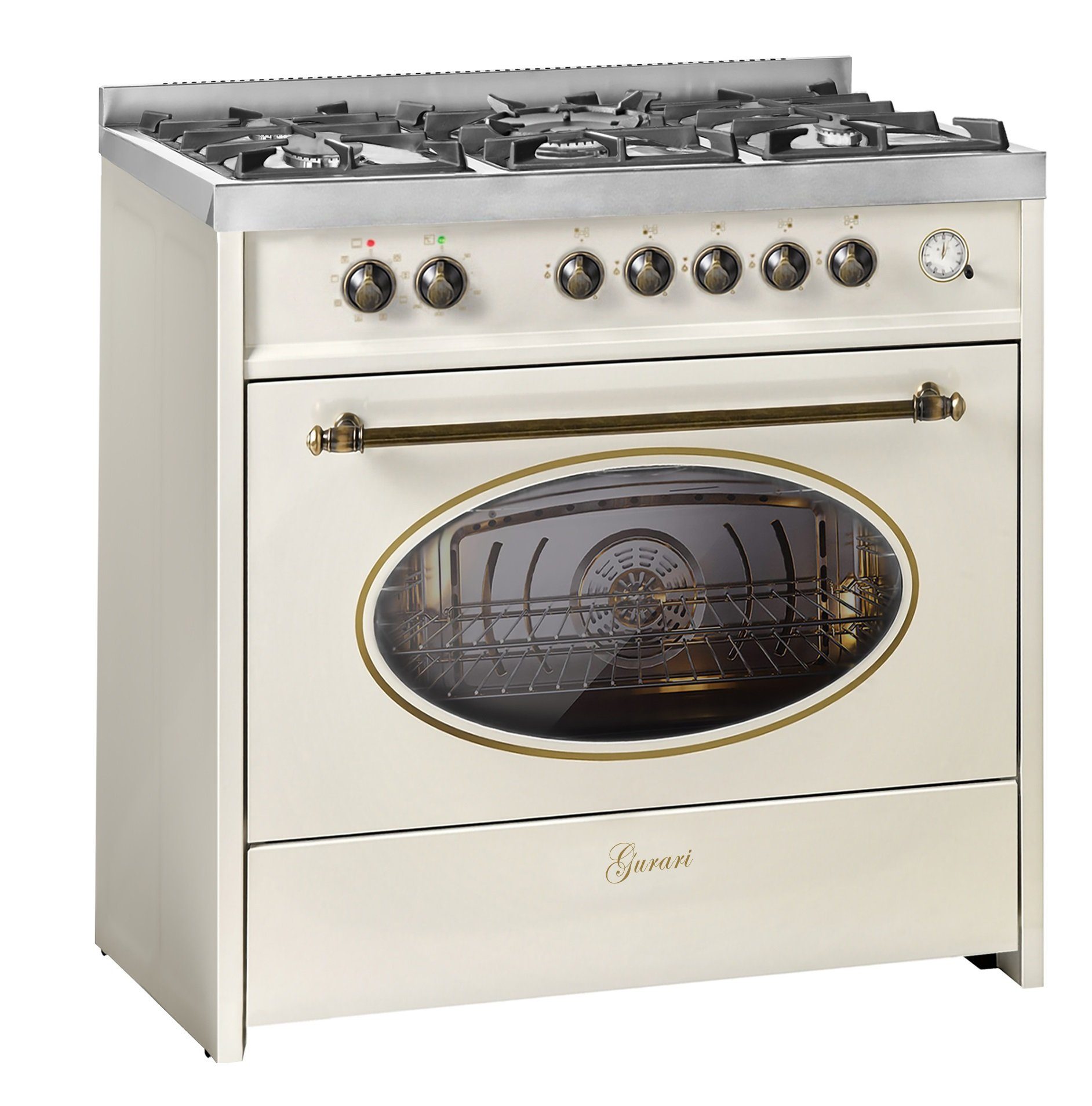 GURARI Gas-Standherd GCH E 914 Cr R, mit 1-fach-Teleskopauszug, Retro Gas Elektro Standherd 90 cm/ Nostalgie Range Coocker / 121L