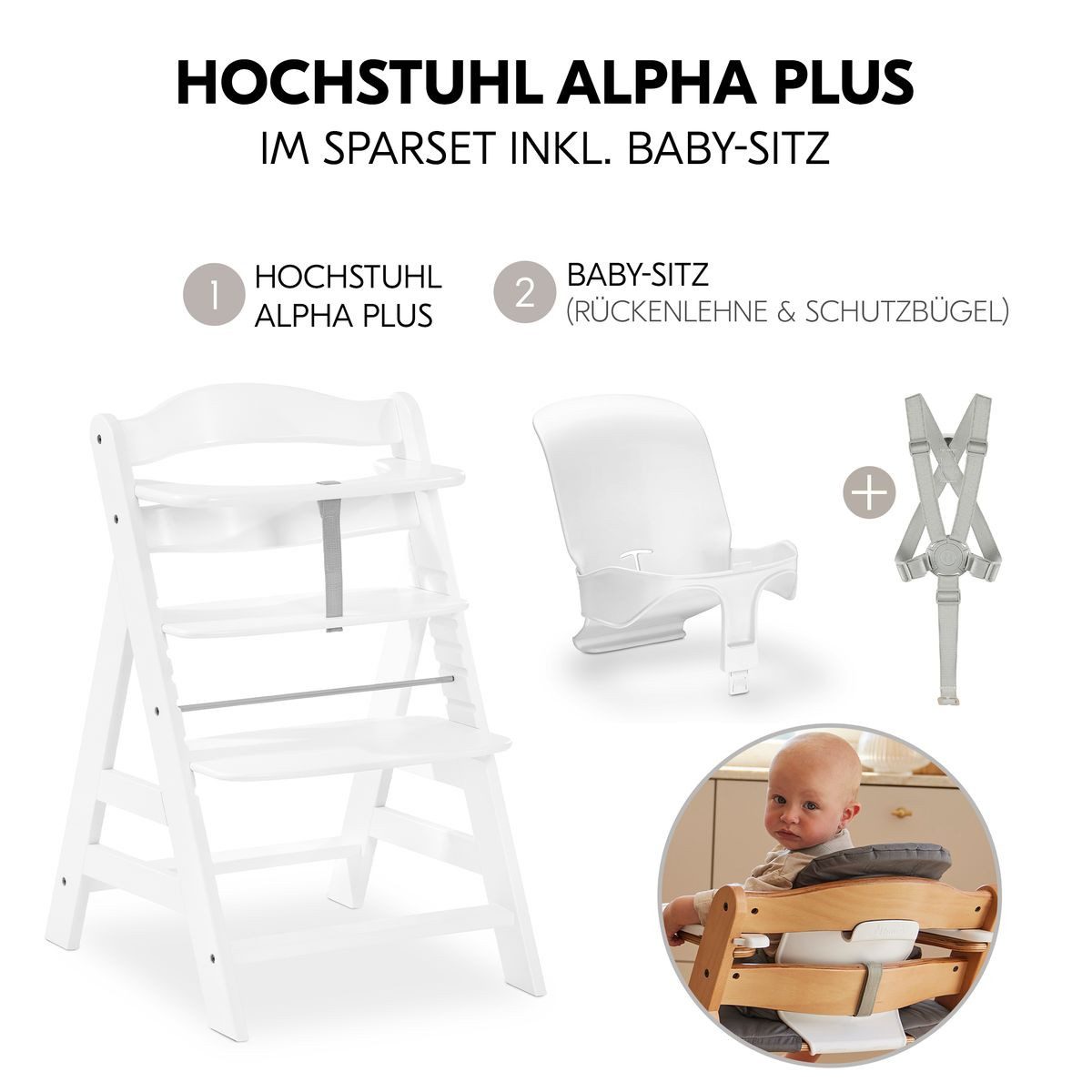 Hauck Hochstuhl Alpha Plus - White, Mitwachsender Holz Kinderhochstuhl verstellbar mit Baby-Sitz & Gurt