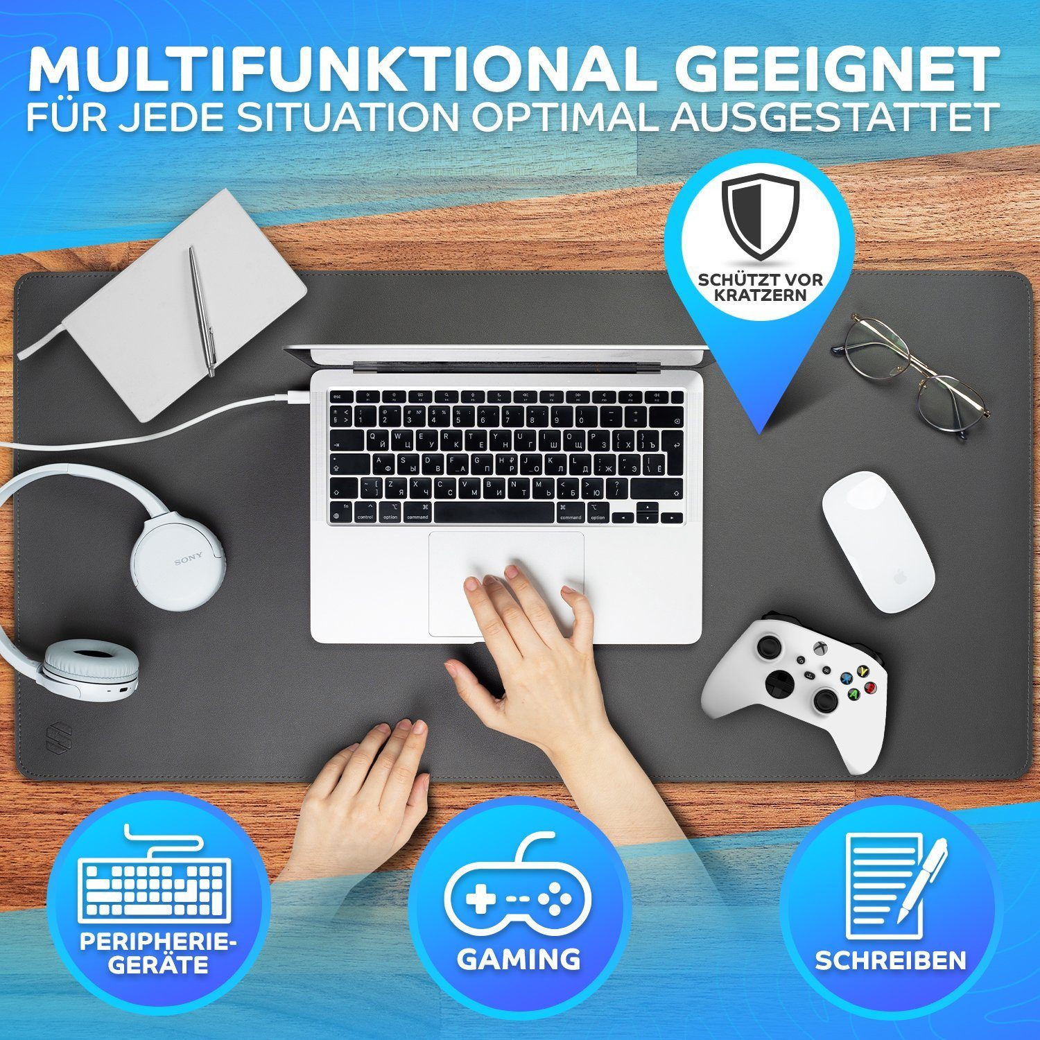 MAXLVL Gaming Mauspad Schreibtischunterlage - Mauspad mit Vernähte Kanten - abwaschbar (80x40 cm, Schreibtisch Unterlage für Büro), Tischunterlage Schreibtisch aus PU-Leder