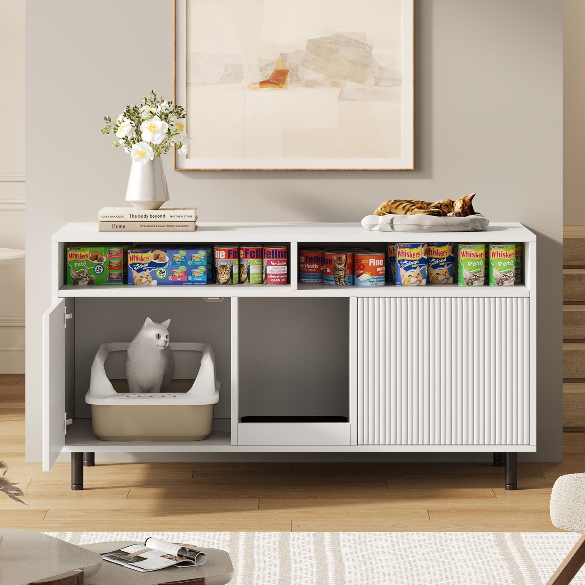 Flieks Mehrzweckschrank mit Sandauffangmatte, Ablage (Sideboard, TV-Schrank, 1-St., 120x50x66 cm) Katzentoiletten, Katzenstreuwanne-Schrank Haustier-Schrank Weiß