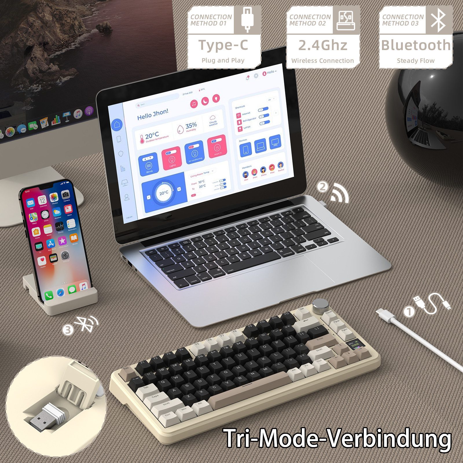 ATTACK SHARK X85PRO Mechanische Tastatur mit drei Modi,TFT-Bildschirm Gaming-Tastatur (75 % CNC-Knopf, 5-lagige Polsterung, Hot-Swap-Linearschalter, RGB)