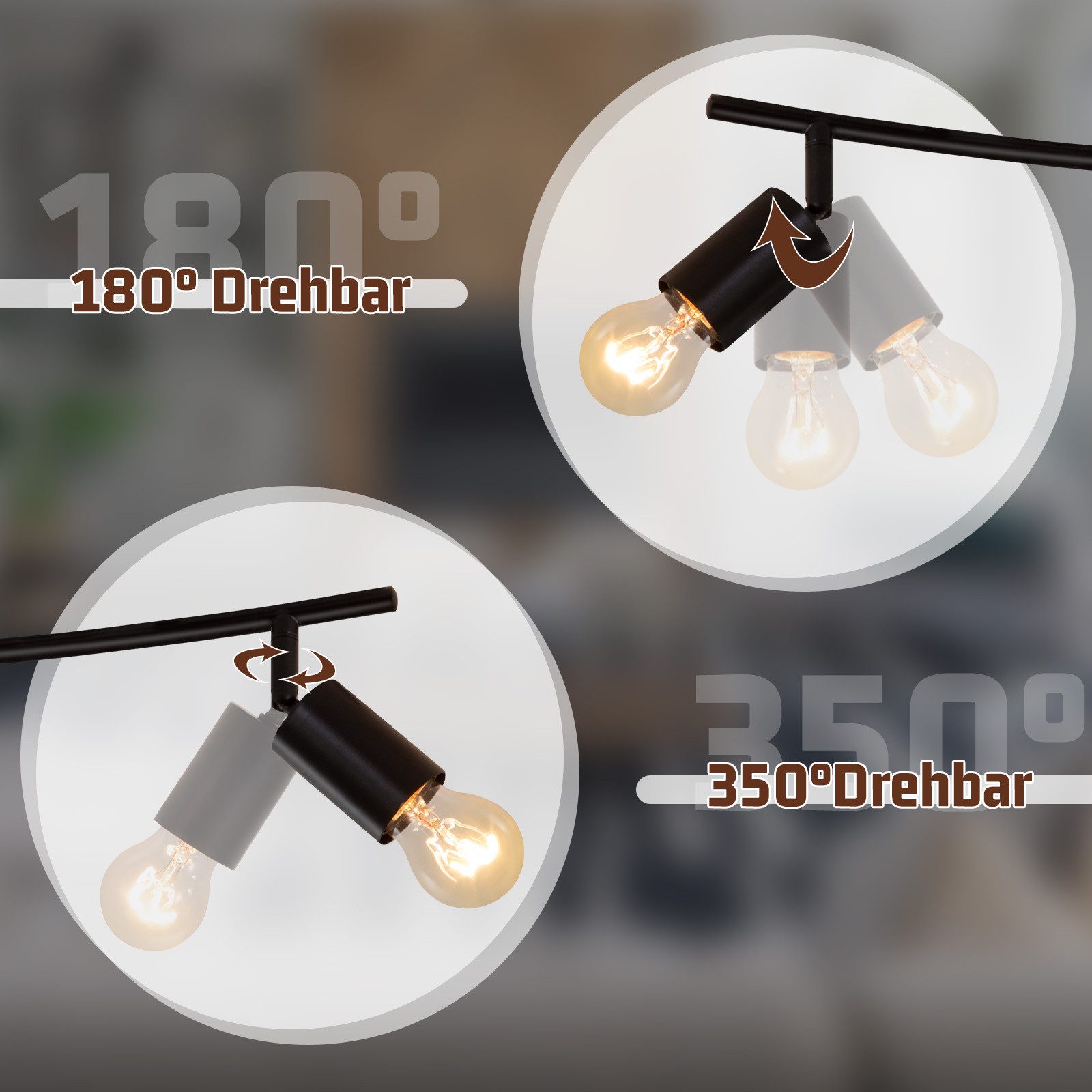 Nettlife Deckenstrahler Vintage Schwarz 4 Flammig E27 Schwenkbar 350° Deckenspot Industrial, Schwenkbar, LED wechselbar, für Küche Flur Wohnzimmer Schlafzimmer