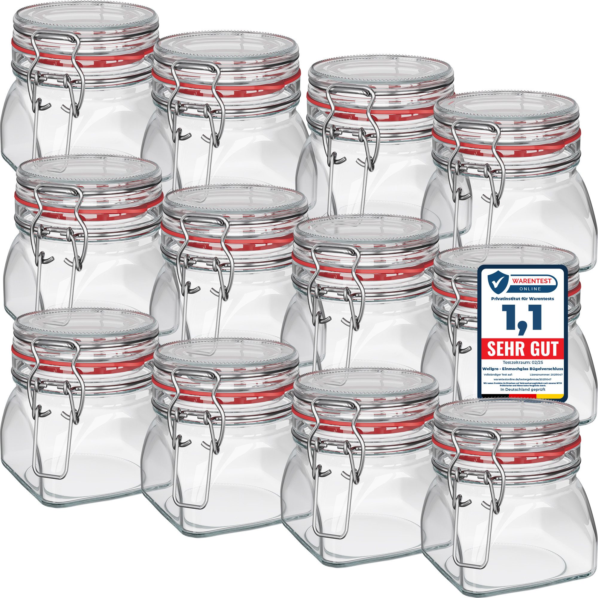 Wellgro Vorratsglas Einmachgläser mit Bügelverschluss eckig, Fermentierglas, (12-tlg)