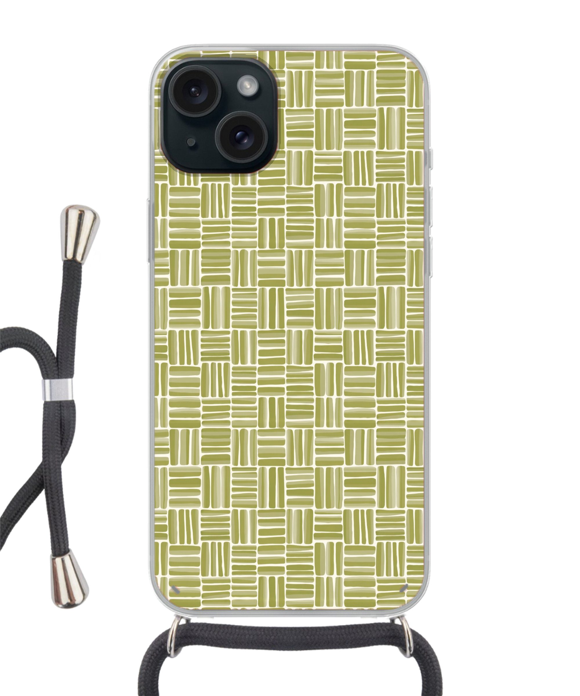 MuchoWow Handyhülle für Apple iPhone 15 Plus Zopf - Muster - Grün, Tragbare Handyhüllen mit Kette zum umhängen, Handykette Handyband