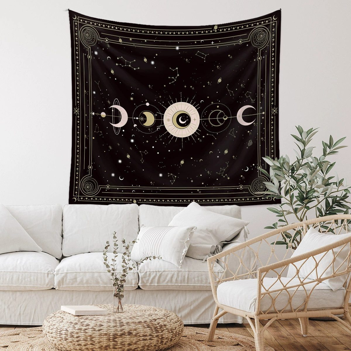 Zyronn Wandteppich Mondphasen-Wandteppich,Wandbehang Deko,Tarot Wanddeko,Boho-Stil, Retro-Astrologie-Wanddekoration für Schlafzimmer und Wohnzimmer