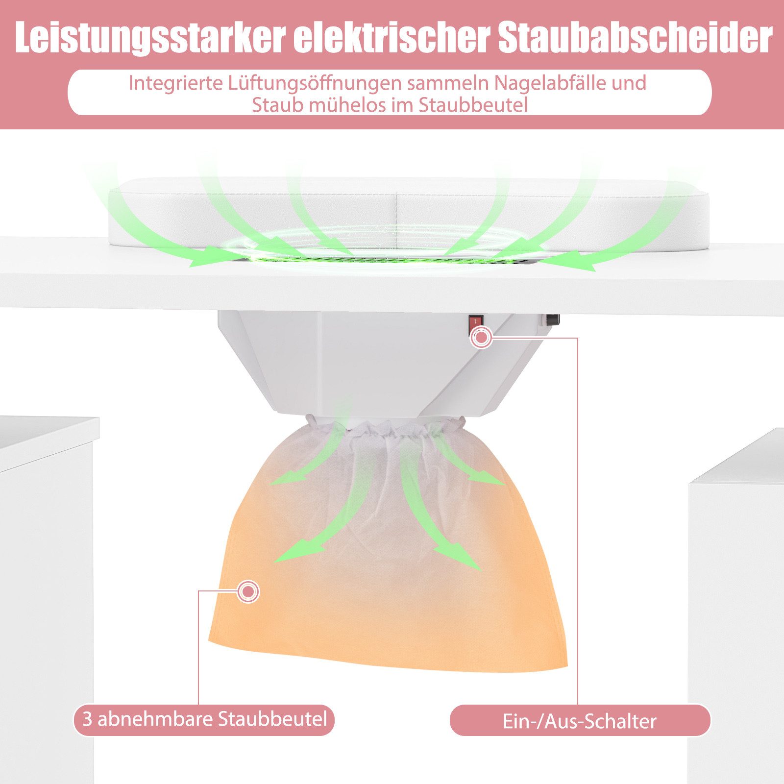 KOMFOTTEU Arbeitstisch, Manikürtisch Nageltisch mit Staubabsaugung & 3 Staubbeuteln