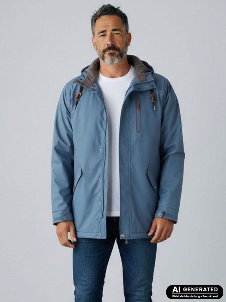 Dry Fashion Regenjacke Bergen Herren Regenmantel Fleece-Futter - Outdoor-Jacke Wasserdicht Parka Winddicht, Verschweißte Nähte, 2-Wege-Reißverschluss, Kapuze