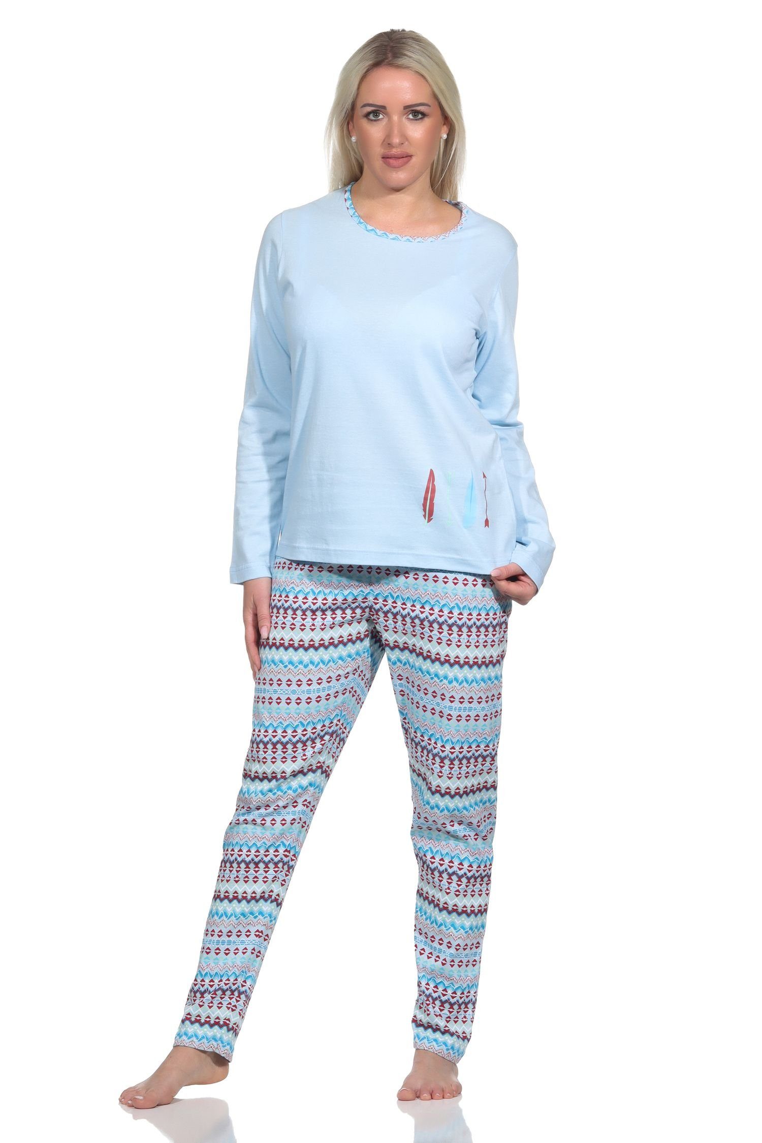 Normann Optik hellblau Damen Wunderschöner Schlafanzug langarm Pyjama Ethno Pyjama Look in