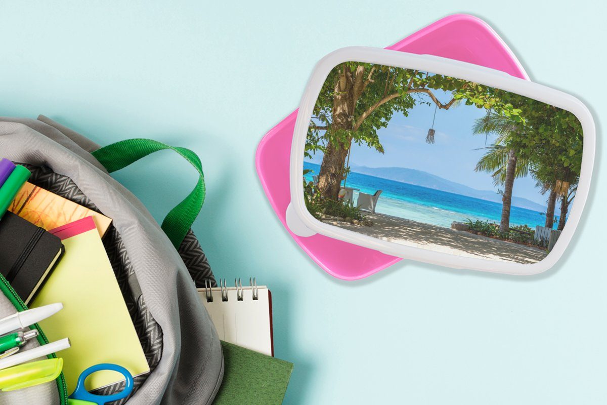 Brotdose Erwachsene, (2-tlg), Snackbox, Mädchen, Tropisch Strand - Kunststoff Kinder, Meer, - Lunchbox für Kunststoff, MuchoWow rosa Brotbox
