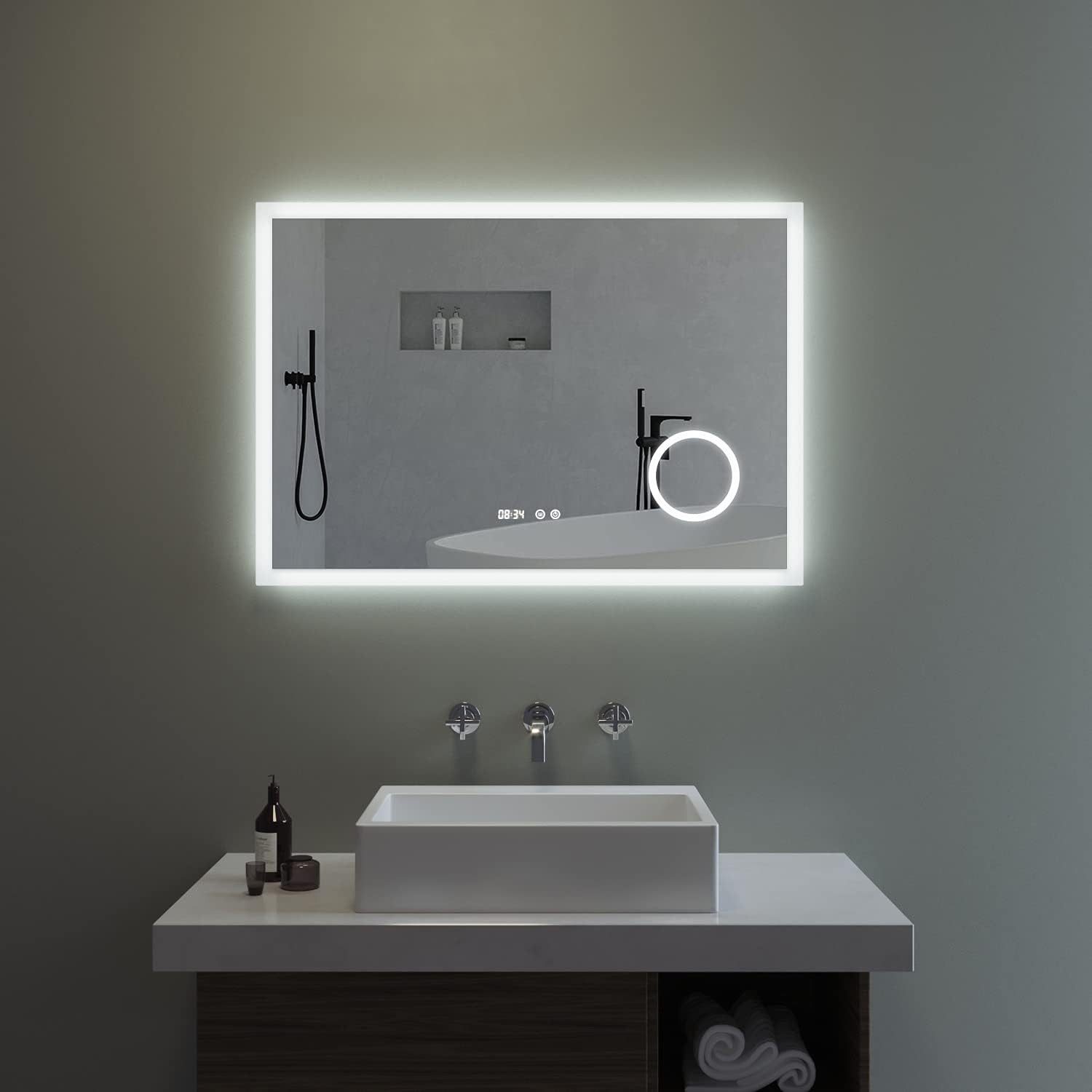 AQUABATOS LED-Lichtspiegel Badspiegel mit Beleuchtung LED Wandspiegel Lichtspiegel (Badezimmerspiegel beleuchtet 100x70cm Kosmetikspiegel Digital Uhr Touch Sensor Dimmbar Spiegelheizung Kaltweiß 6400K)