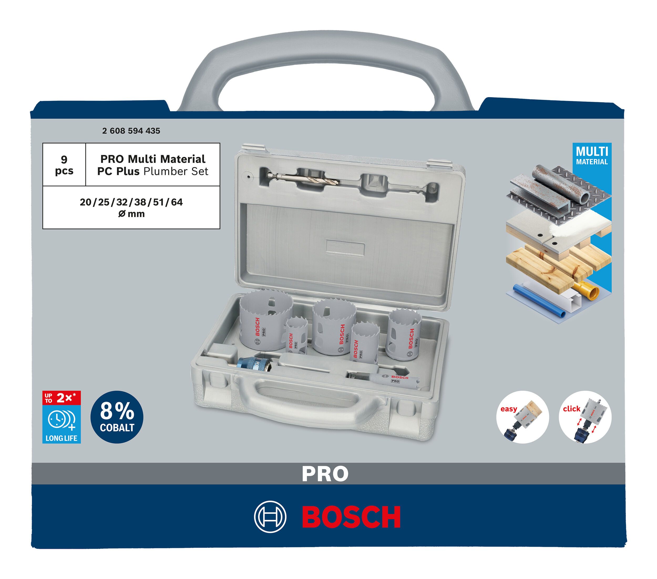 BOSCH Lochsäge Pro Multi Material, 9 Teile, Multi Material PC Plus Set, 20, 25, 64 mm, 9-teilig