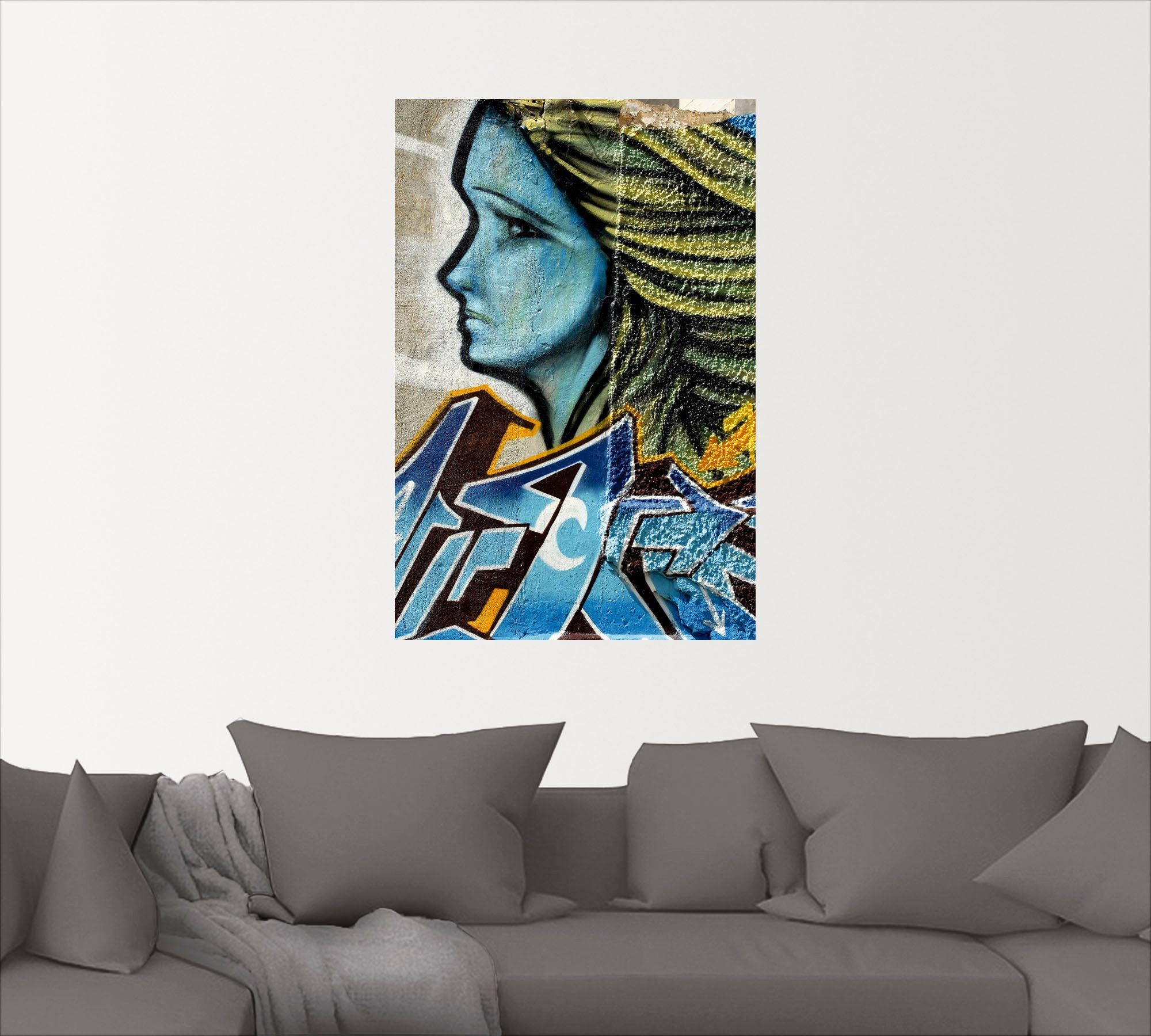 Artland Wandbild Graffiti - Frau Leinwandbild, Blau, Alubild, versch. St), als (1 klassische Fantasie in Poster oder Wandaufkleber in Größen
