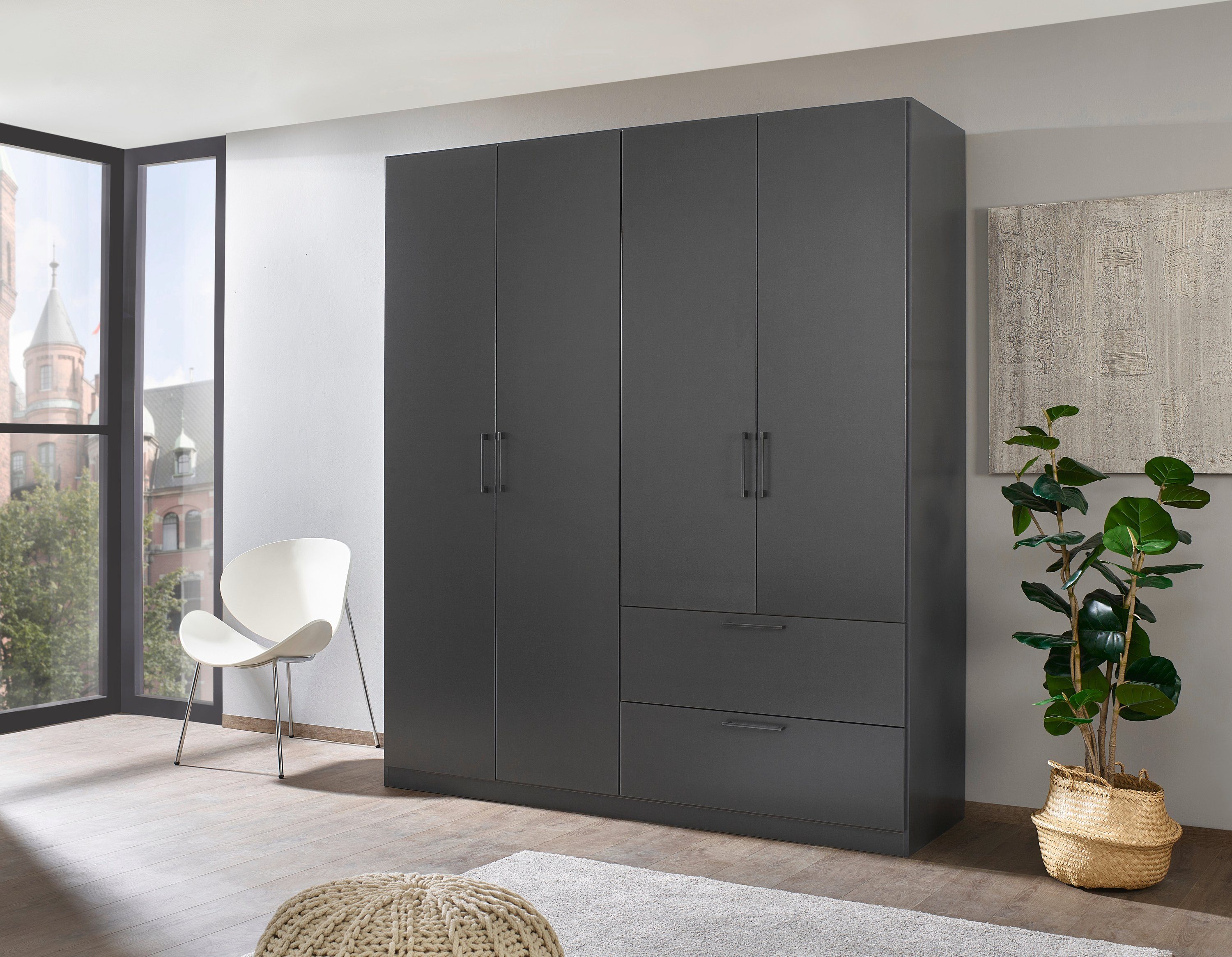 OTTO home Drehtürenschrank Kleiderschrank Schrank Garderobe Wäscheschrank CHALLENGER (Breiten 181/226 cm, Höhen 197/210 cm) Metallgriffe in Graumetallic und geräumige Schubladen MADE IN GERMANY