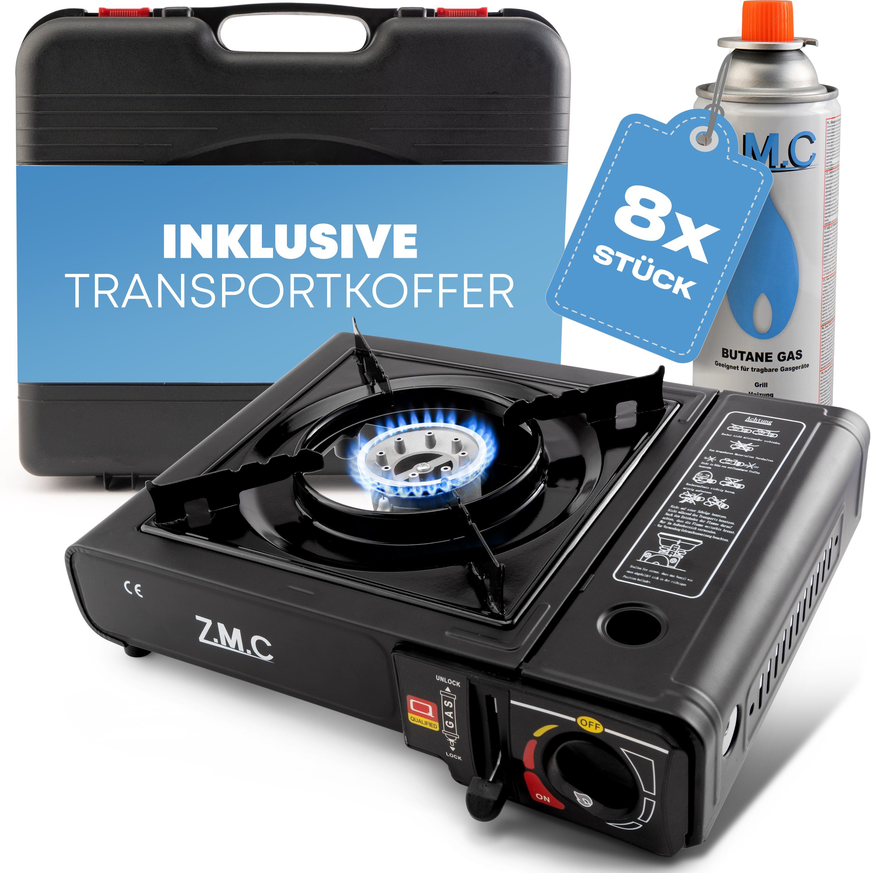 ZMC Gaskocher Gaskocher 1-flammig + Aufbewahrungskoffer + 8x Gaskartuschen 227g, (Butangas Campingkocher für Innenraum/Outdoor, Campinggaskocher 2,2 kW mit Piezozündung), Kochfeld Herd Gaskocher mit Kartusche, Gaskochfeld für Camping