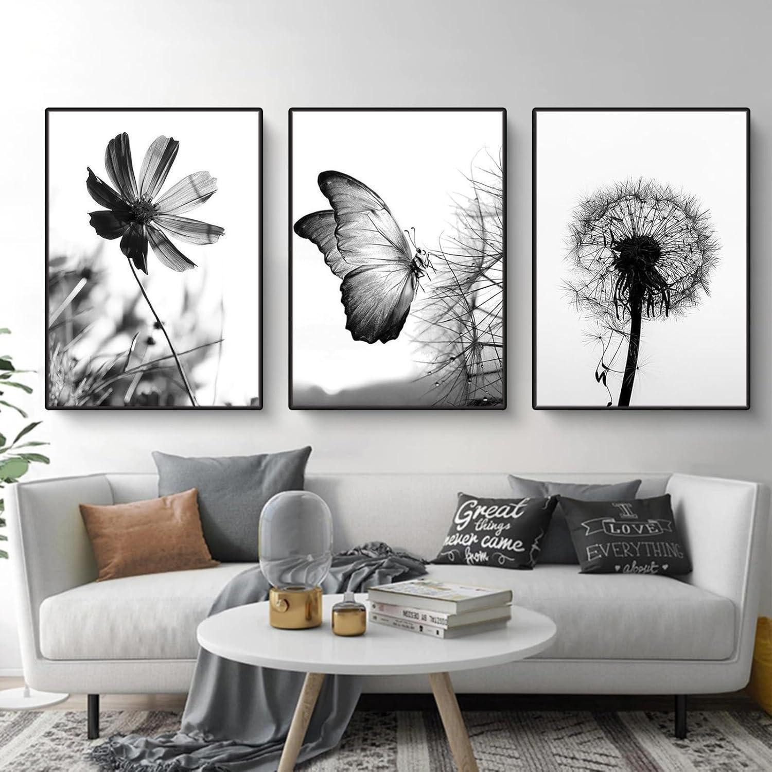 LuxusKollektion Poster 3er Poster Set Schwarz-Weißer Schmetterling Blume Löwenzahn - Modernes, (1 St)