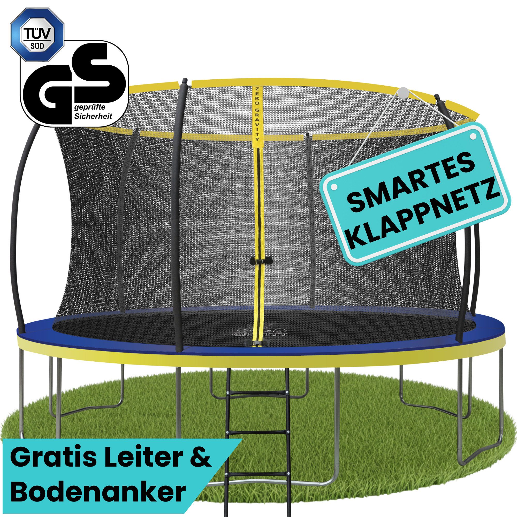 Zero Gravity Gartentrampolin Ø 183/244/305/366/427 cm, Trampolin Outdoor mit Leiter & 4xBodenanker, Ø 183 cm, Trampolin Outdoor Komplett-Set, TÜV GS, Smarter & schneller Netzabbau
