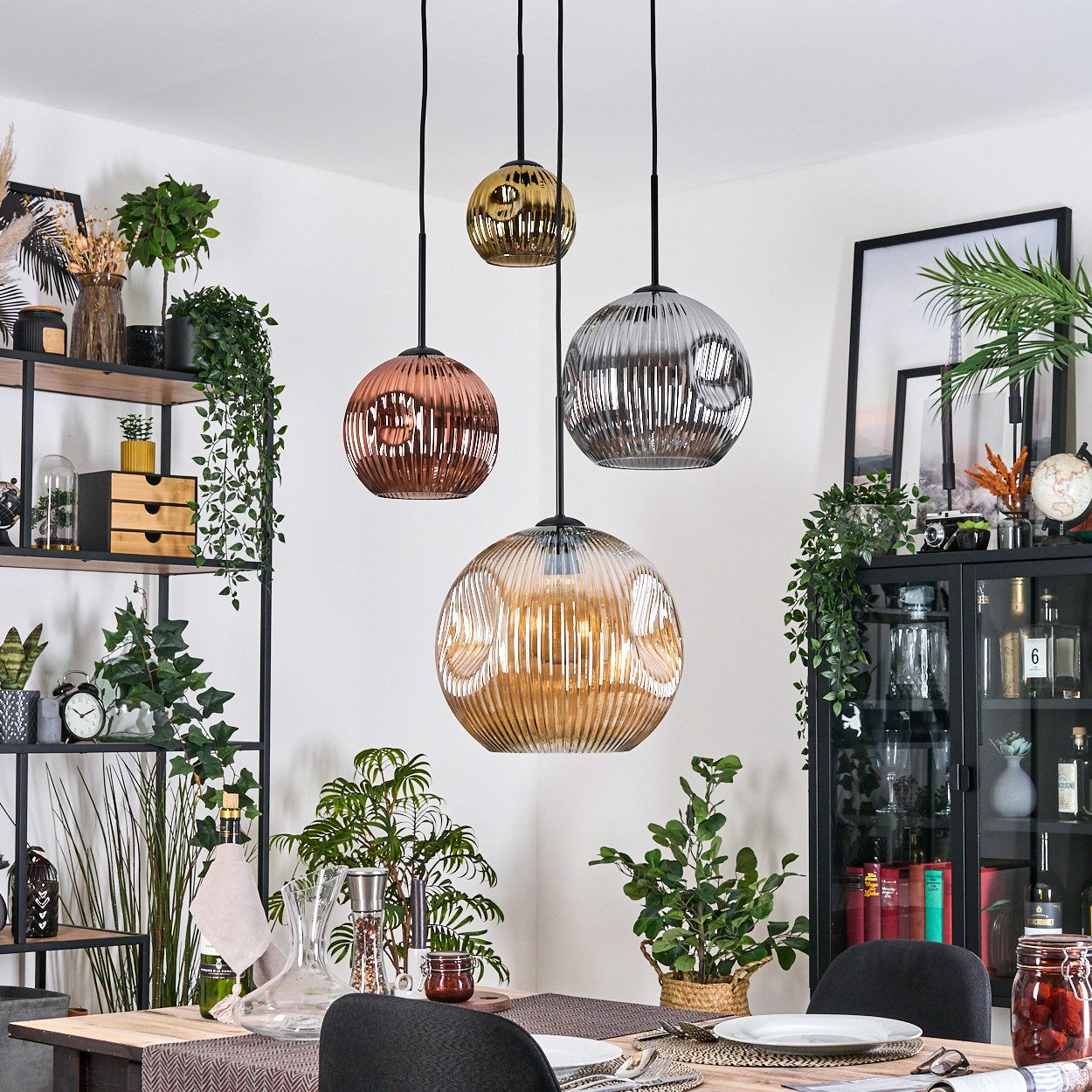 hofstein Hängeleuchte Hängelampe Metall/Riffelglas in Schwarz/Kupfer/Bernstein/Gold/Rauch, Hängeleuchte im Retro/Vintage-Design (15; 20; 25; 30 cm),4xE27