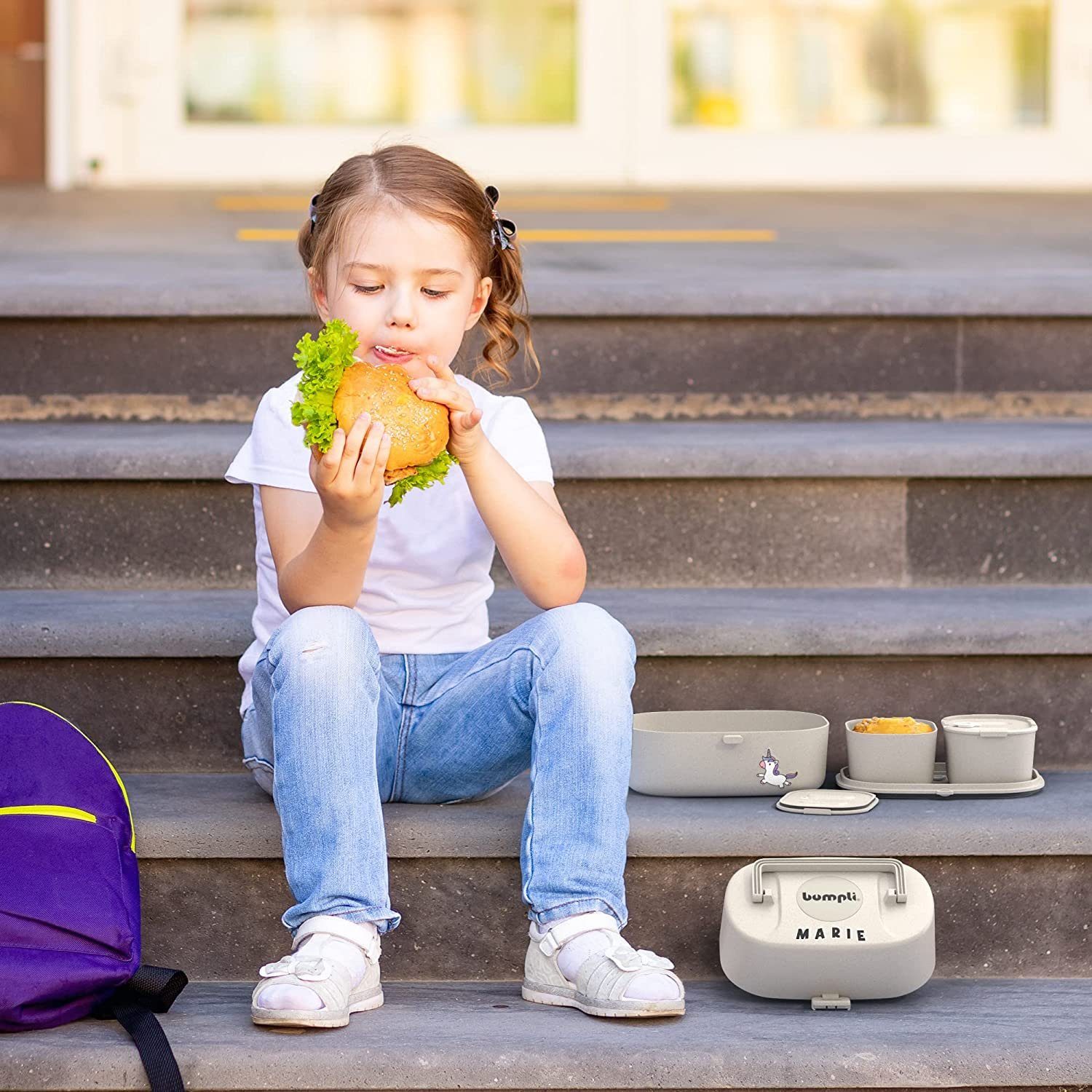 auslaufsichere mit - & Namenssticker gratis bumpli® 6 Kinder Vesperdose sichere Grau Lunchbox Brotdose BPA-freie und Nutzung, Fächern