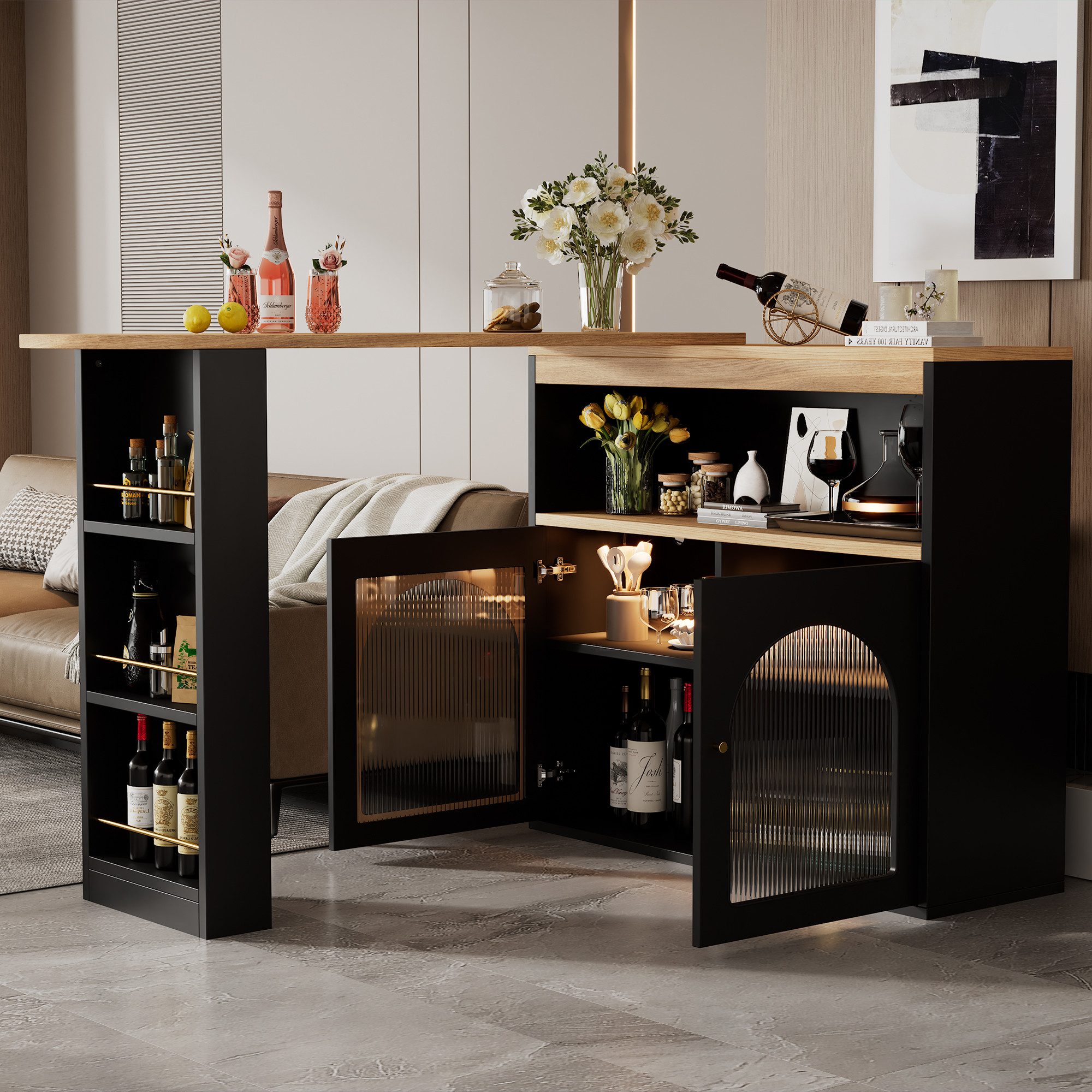 KLAM HOME Bartisch ausziehbar Stehtisch Bistrotisch drehbar Sideboard (mit LED-Lichtleisten, 360° Drehung), Esstisch mit Stauraum Anrichte 138-193X39X105CM