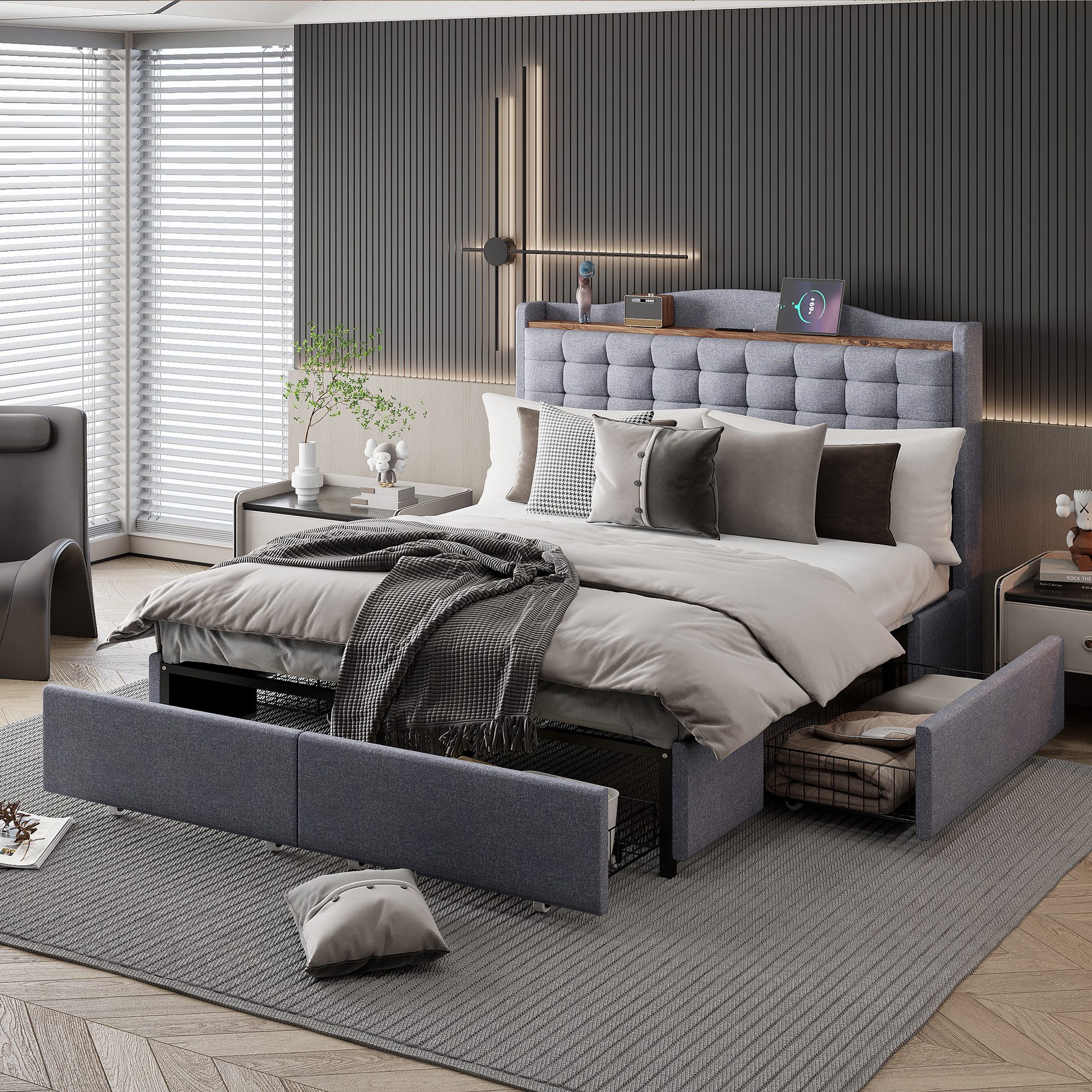 Furnishings Home Stauraumbett Polsterbett LED Doppelbett (Mit Vier extra gr günstig online kaufen