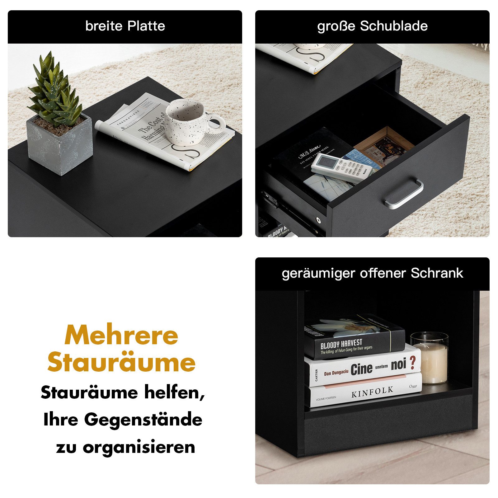 COSTWAY Nachttisch (2-St), mit Schublade und offenem Fach, 45x42,5x55cm, schwarz