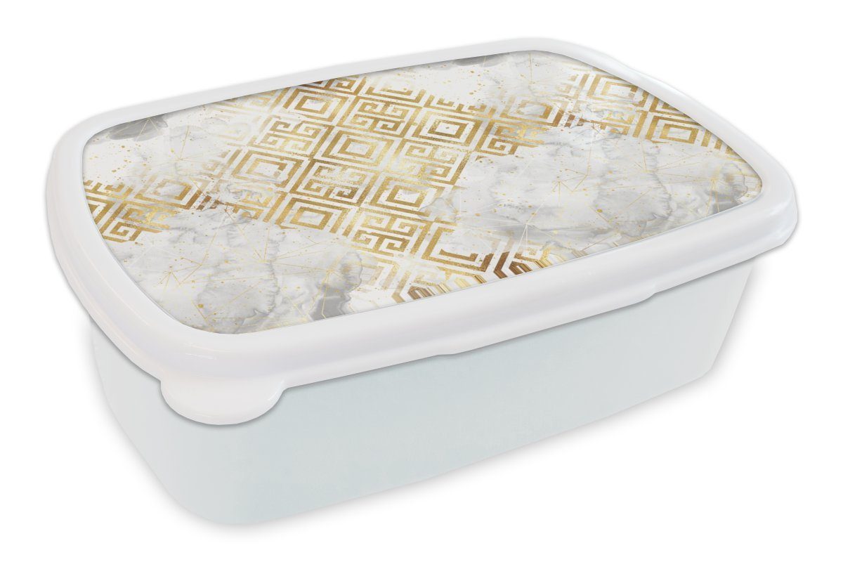 MuchoWow Lunchbox Gold - Marmor - Muster - Geometrie, Kunststoff, (2-tlg), Brotbox für Kinder und Erwachsene, Brotdose, für Jungs und Mädchen weiß