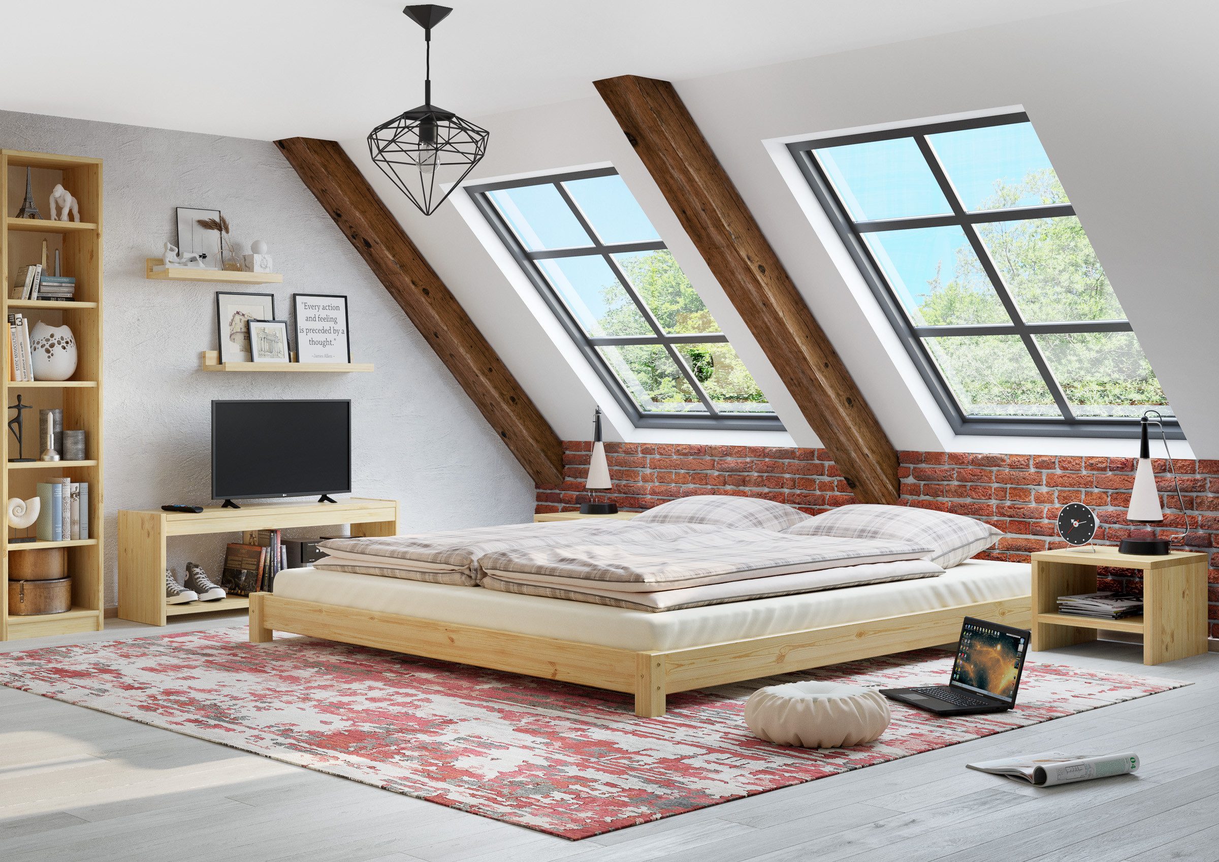 ERST-HOLZ Massivholzbett Flaches Ehebett Bodenbett Doppelbett 180 x 200 cm günstig online kaufen