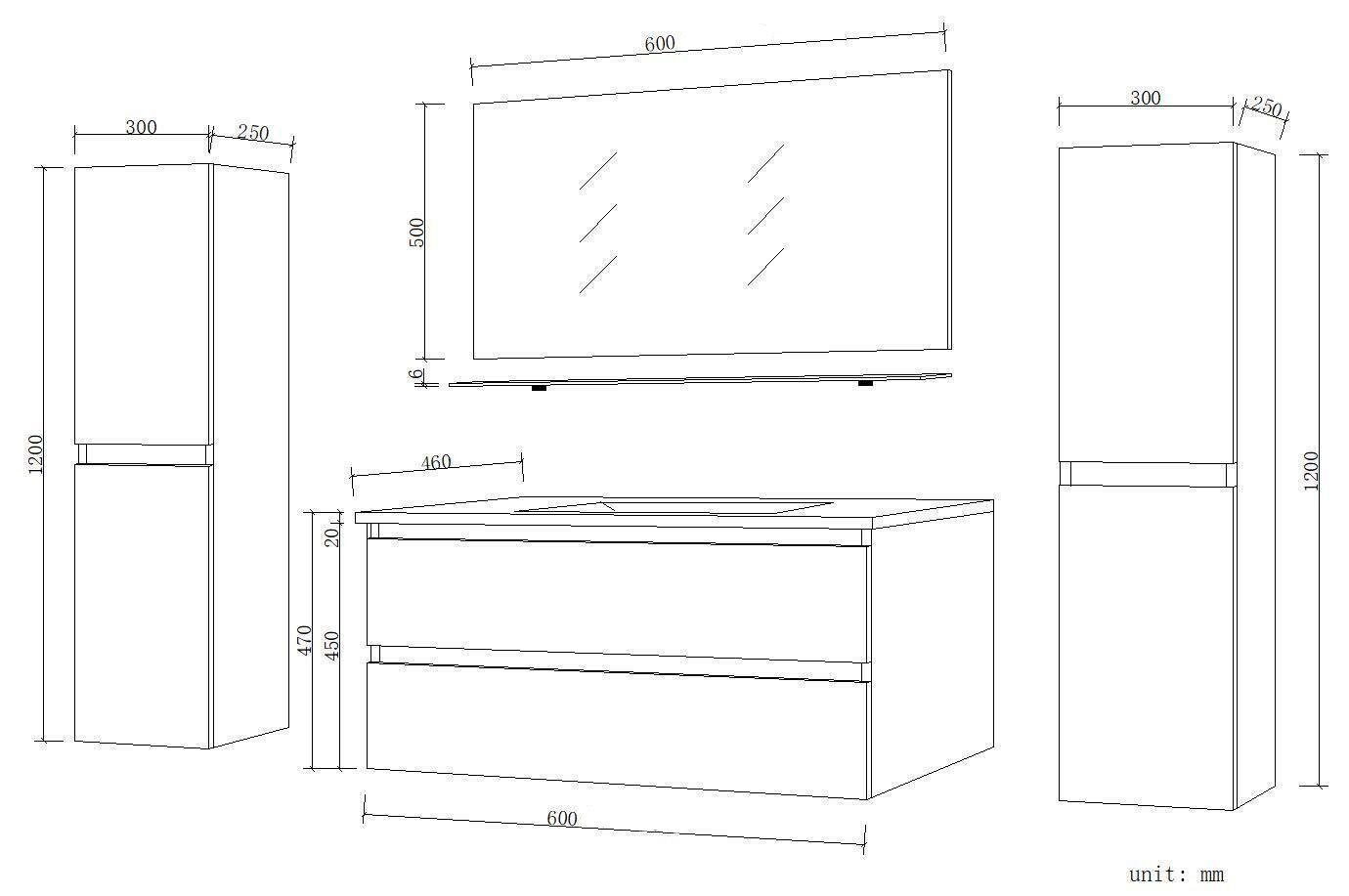Homeline Badmöbel-Set Deniz und Marcel New in 3 Größen Hochglanz Badmöbel, (Komplettes Badmöbel Set, 6-St., Badmöbel Weiß Hochglanz bis 6 Teilig Badezimmermöbel), Hochglanz Optik Mit 2 Schubladen