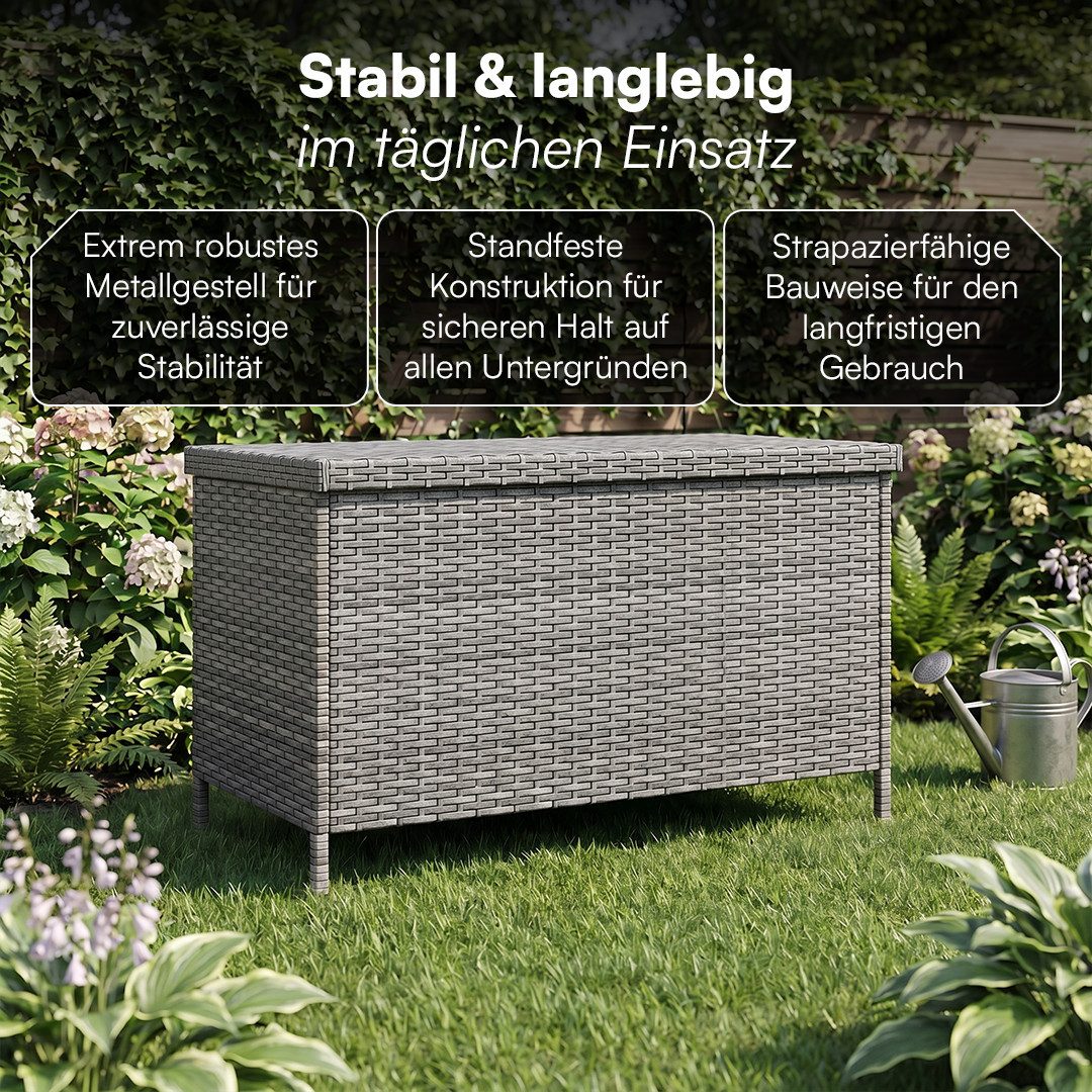 STEELSØN Aufbewahrungsbox Serion Gartenkiste aus Polyrattan (grau, 110 x 55 x 60 cm), herausnehmbare Innenplane, wetterfeste Gartenbox mit Metallgestell