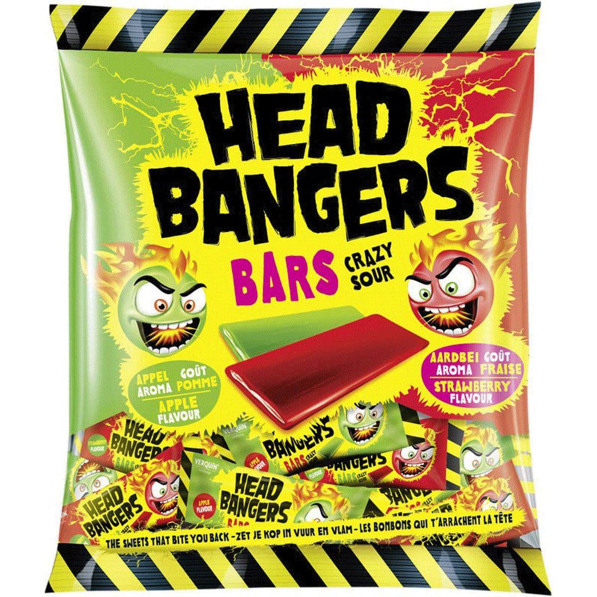 HEAD BANGERS Süßigkeit, Head Bangers Bars Crazy Sour Geschmack Apfel und Erdbeere 200g