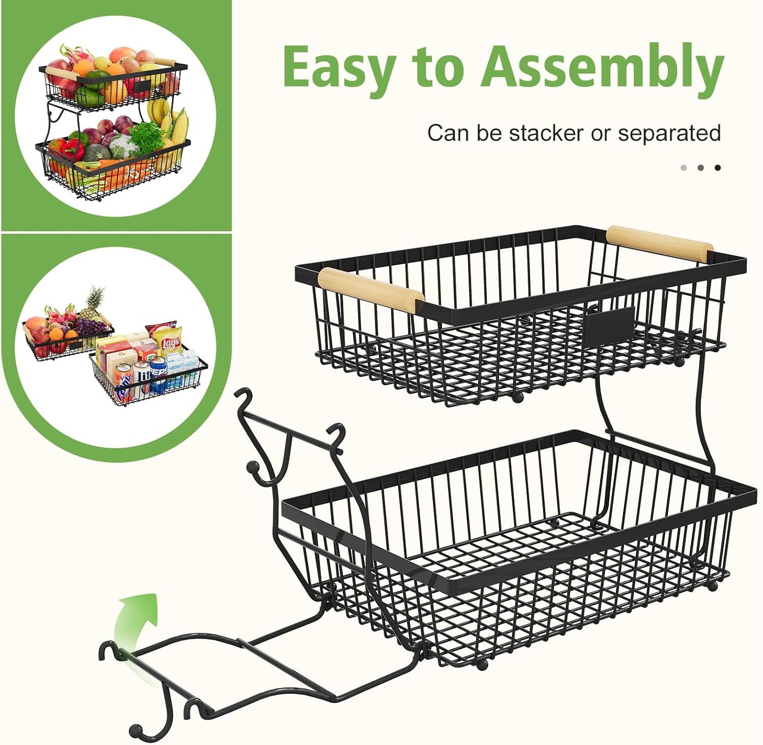 Refined Living Obstschale 2 Etagen, Arbeitsplattenregal für die Küche, Gemüseregal,mit Holzgriff, Rostfreies, Kohlenstoffstahl, (Fruchtkorb mit 2 Bananenaufhängern, Küchenaufbewahrung,Frühstücksständer, BPA-freier Beschichtung, Abnehmbare Körbe,2-Etagen-Design,rutschfeste Basis,Multifunktionales Aufbewahrungssystem,für Küche, Badezimmer, Zuhause, 1-tlg), extra große Kapazität für Brot, Snacks, Obst, Gemüse, Kosmetika usw.