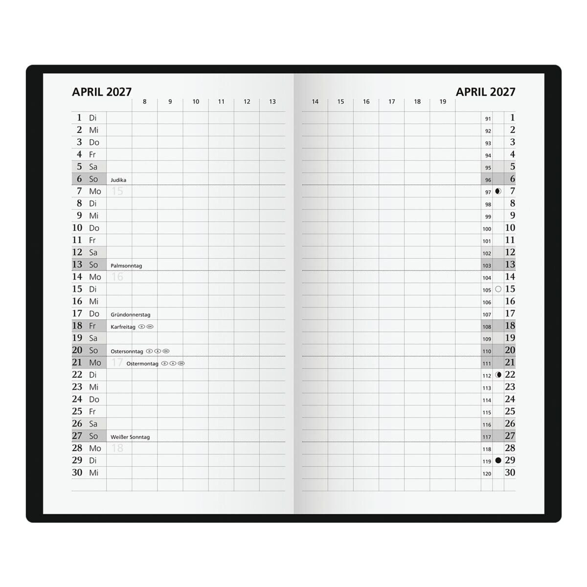 GLOCKEN Taschenkalender, für 2027, 2 Seiten = 1 Monat, Zeitspanne: 8-19 Uhr