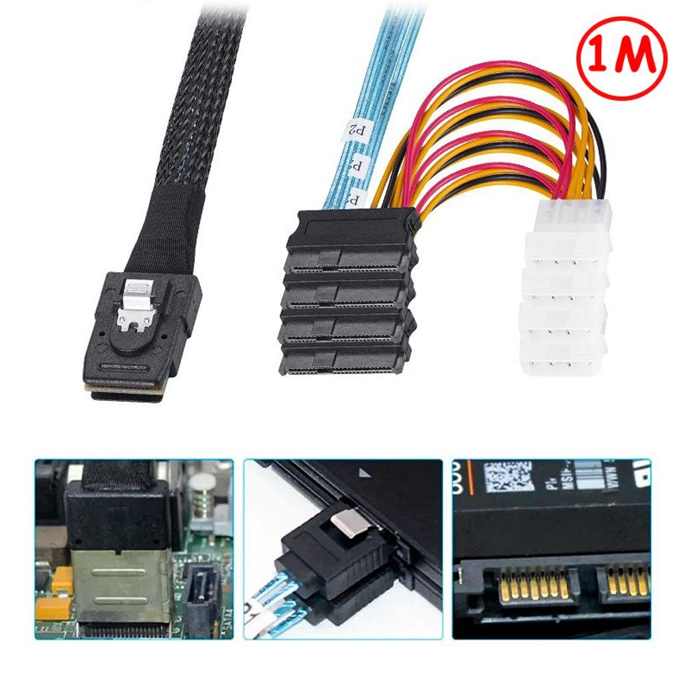Bolwins P47C Mini SAS 36P SFF-8087 zu 4x 29P SFF-8482 Molex Strom Datenkabel Computer-Kabel, Mini SAS 36P SFF-8087 Stecker, 4x SAS 29P SFF-8482 Buchse (100 cm), Punkt-zu-Punkt-SCSI, Hot-Swap, Plug and Play