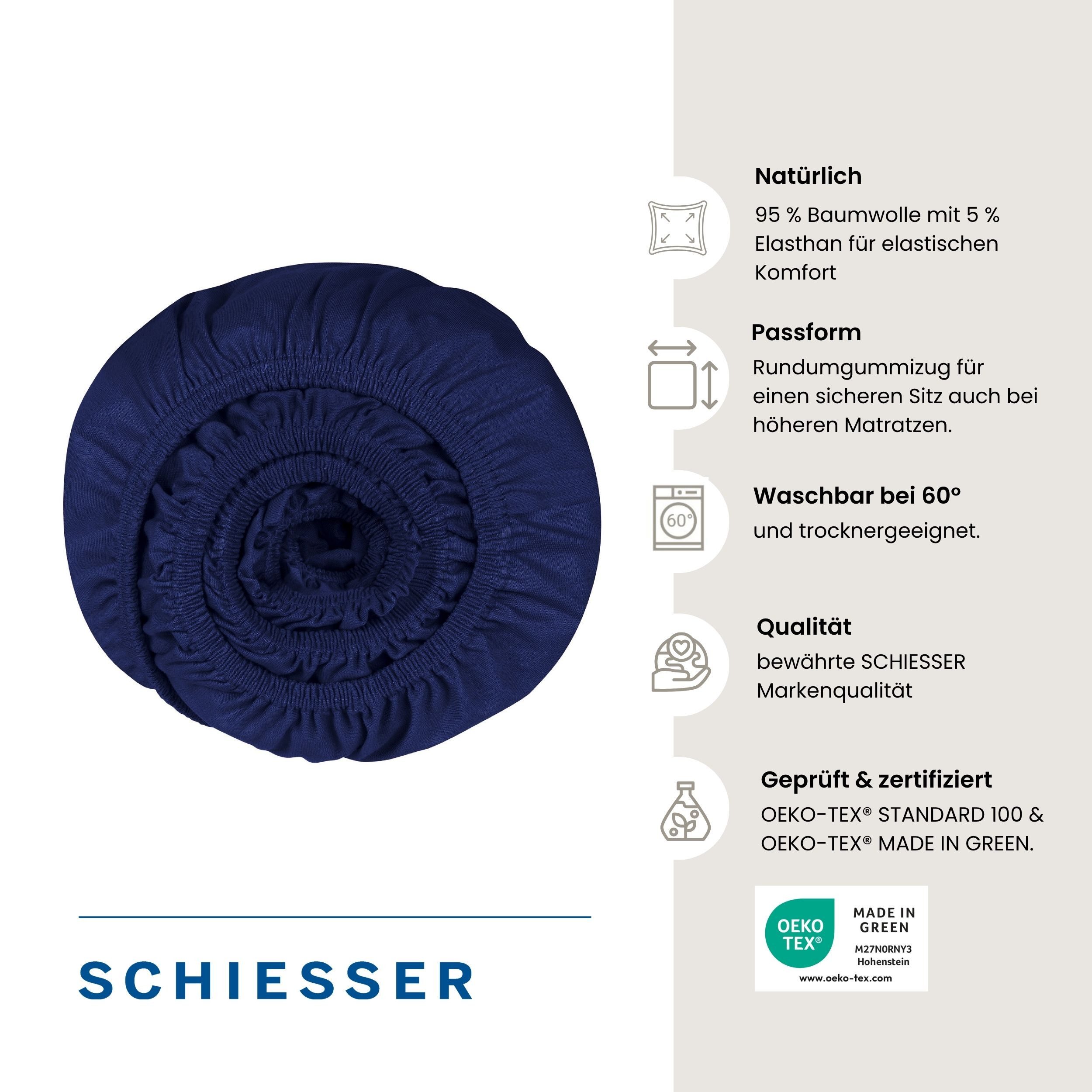 Schiesser Spannbettlaken Flexi aus 95% Baumwolle und 5% Elastahan in Premium-Qualität, Jersey-Elasthan, Gummizug: rundum, (1 Stück), für hohe Matratzen und Boxs – Bild 2 von 5