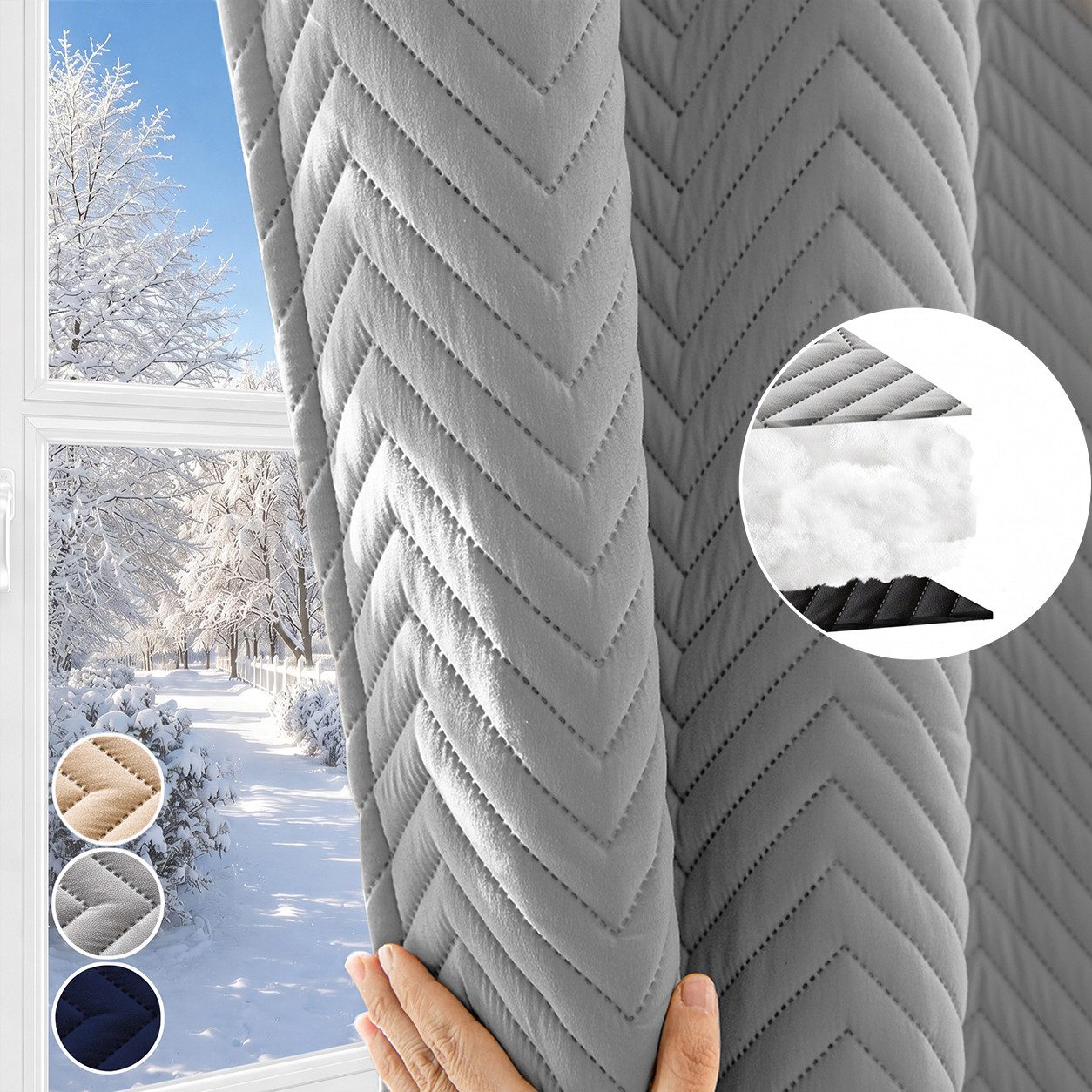 LMaxhome Verdunkelungsvorhang Thermovorhang 370 g/m² Verdunkelungsvorhang mit Multifunktionsband (1 St), Schwerer Vorhang mit 3-Lagen-Aufbau, Chevron-Steppung und Baumwollkern