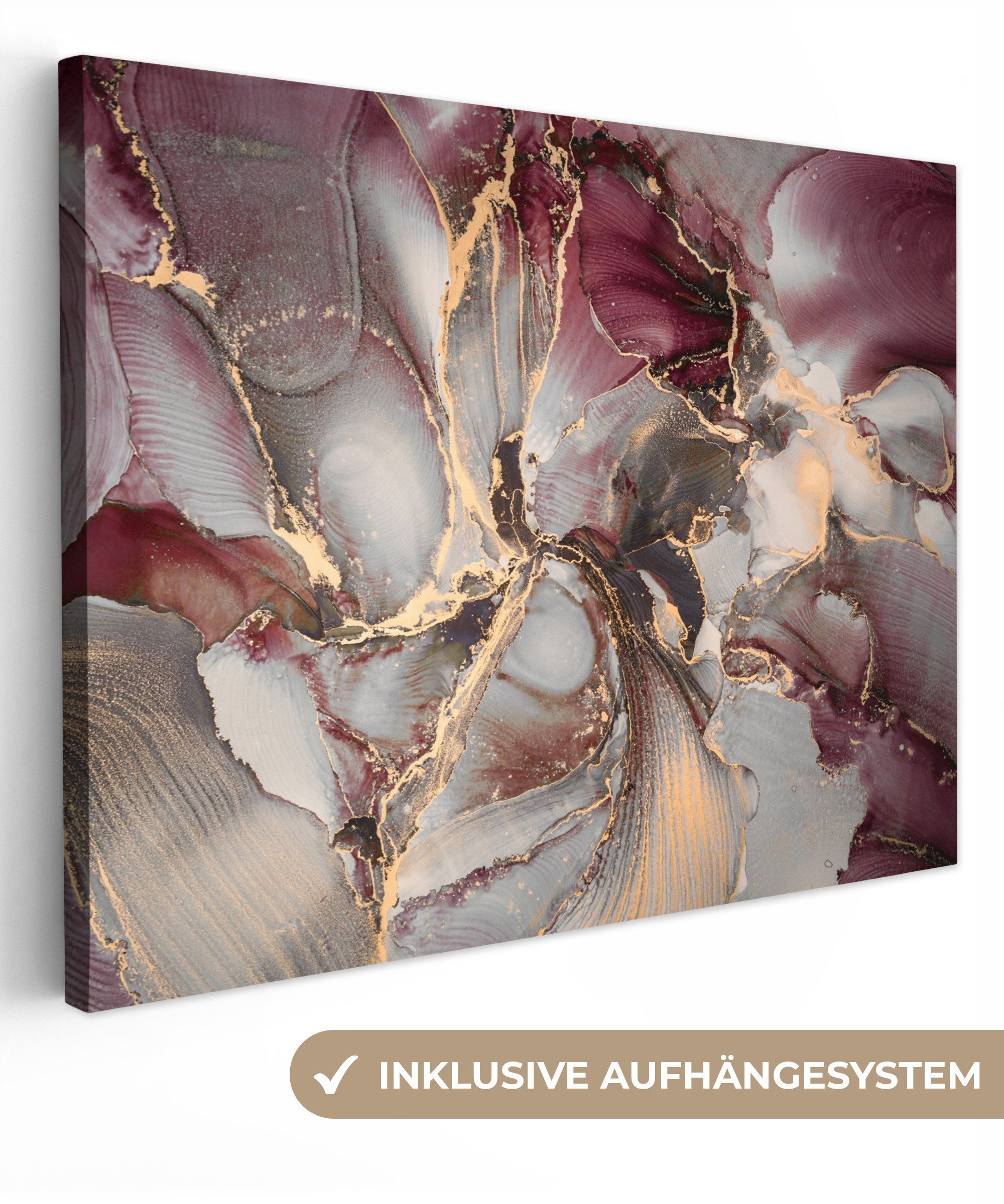 OneMillionCanvasses® Leinwandbild Gold - Marmor - Lila, Fotodruck (1 St), Leinwand Bilder für Wohnzimmer Schlafzimmer 80x60 cm
