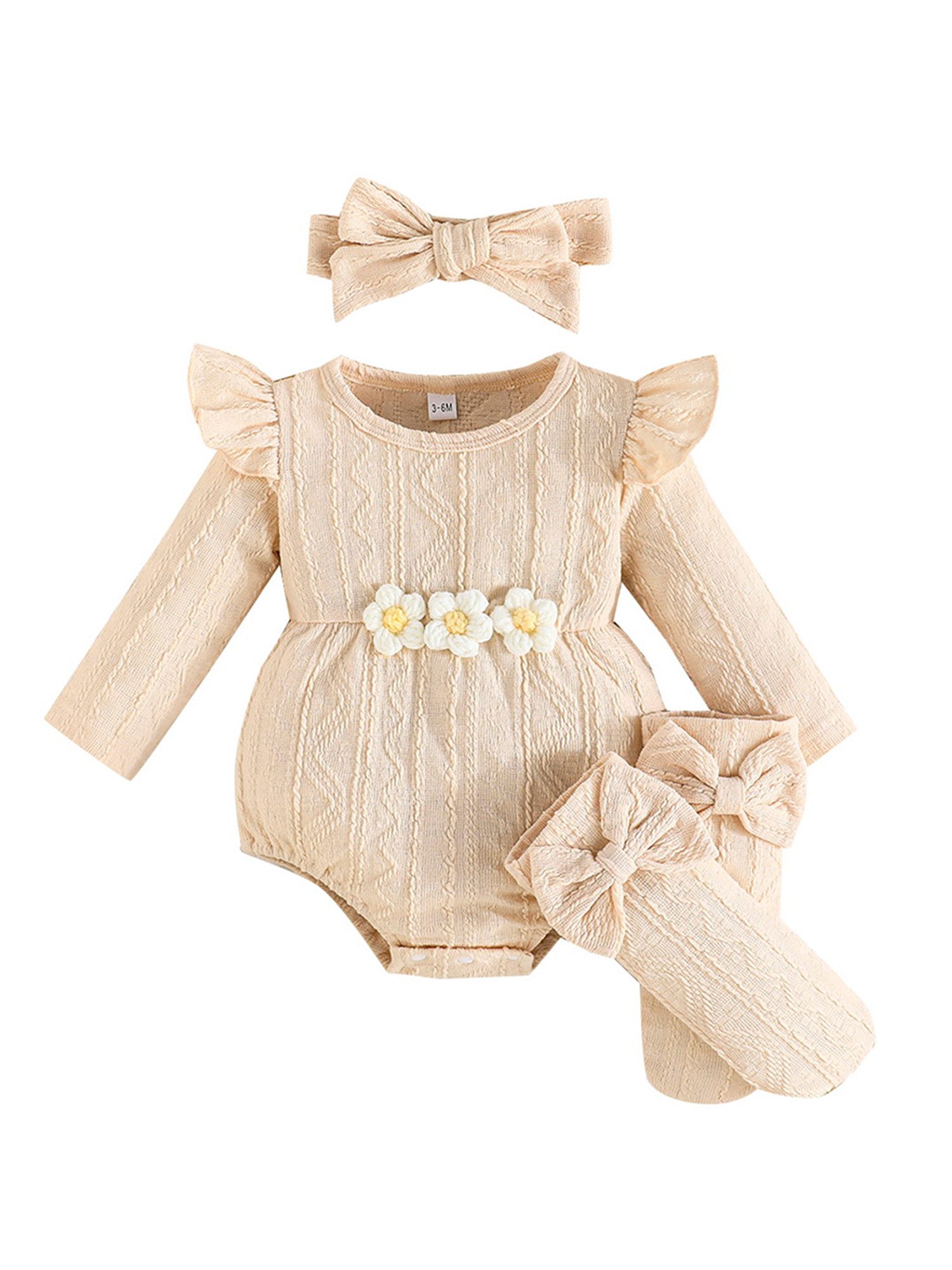 Lapastyle Strampler Baby Mädchen Einfarbig Jacquard Bodysuit Babykleidung mit Blumen (Strampler + Stirnband + Socken), 3-tlg) Baby Mädchen Einfarbig Jacquard Bodysuit Babykleidung mit Blumen