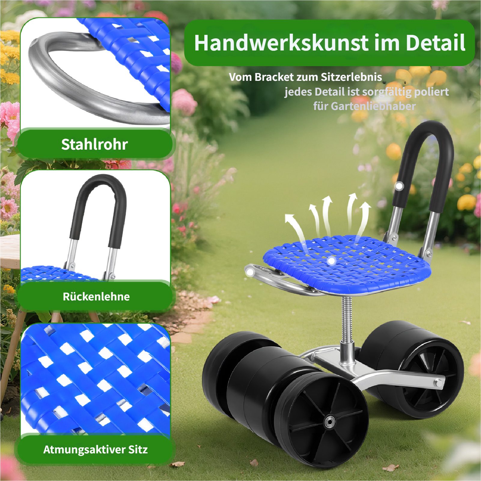 Rutaqian Bürowagen Gartenhocker mit Rädern, Rollbarer Gartenwagen mit 360-Grad-Drehsitz, höhenverstellbar Rollwagen Gartensitz Belastbarkeit 330lbs – Bild 3 von 5