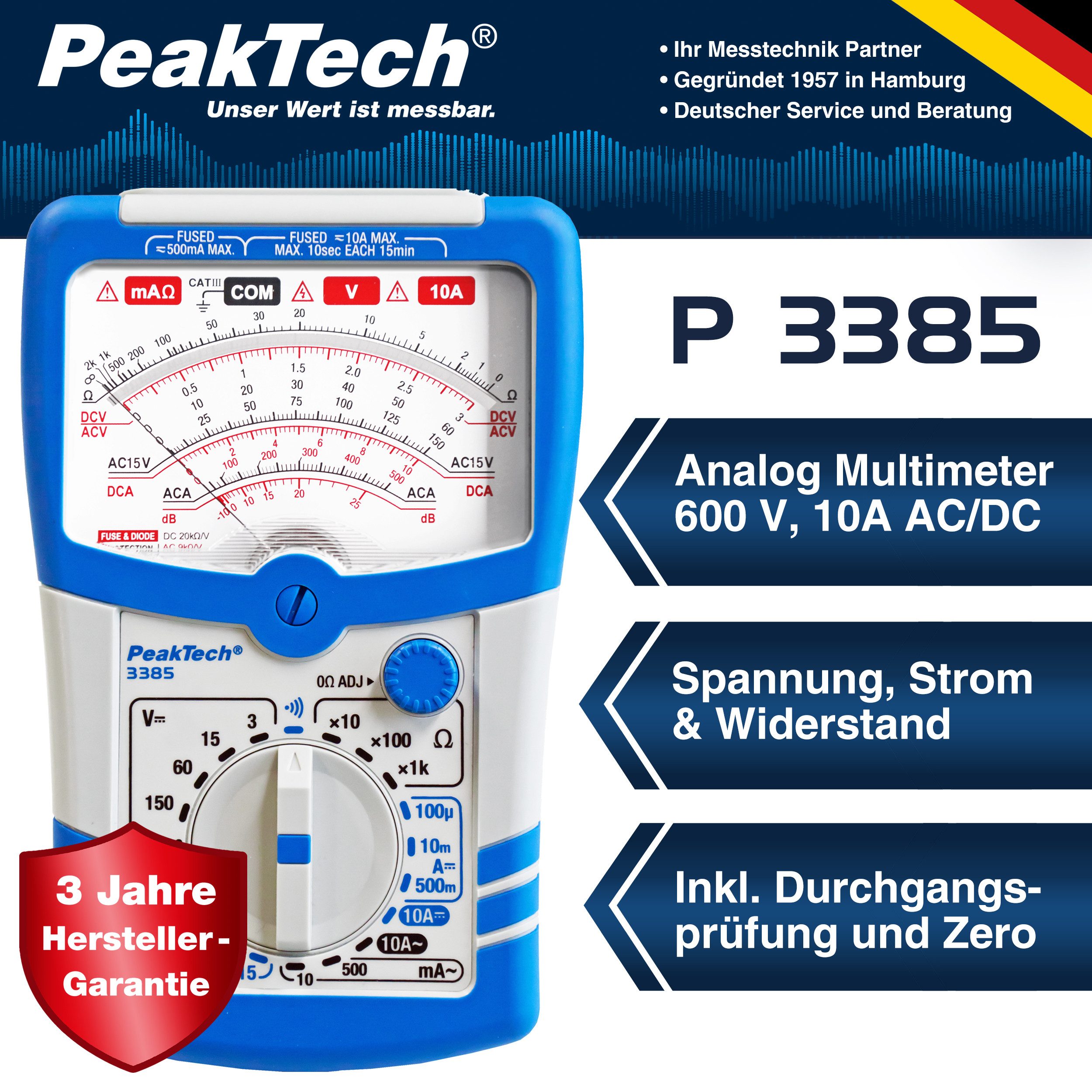 PeakTech Multimeter Analog DMM 600V AC/DC 10A, Voltmeter, Amperemeter