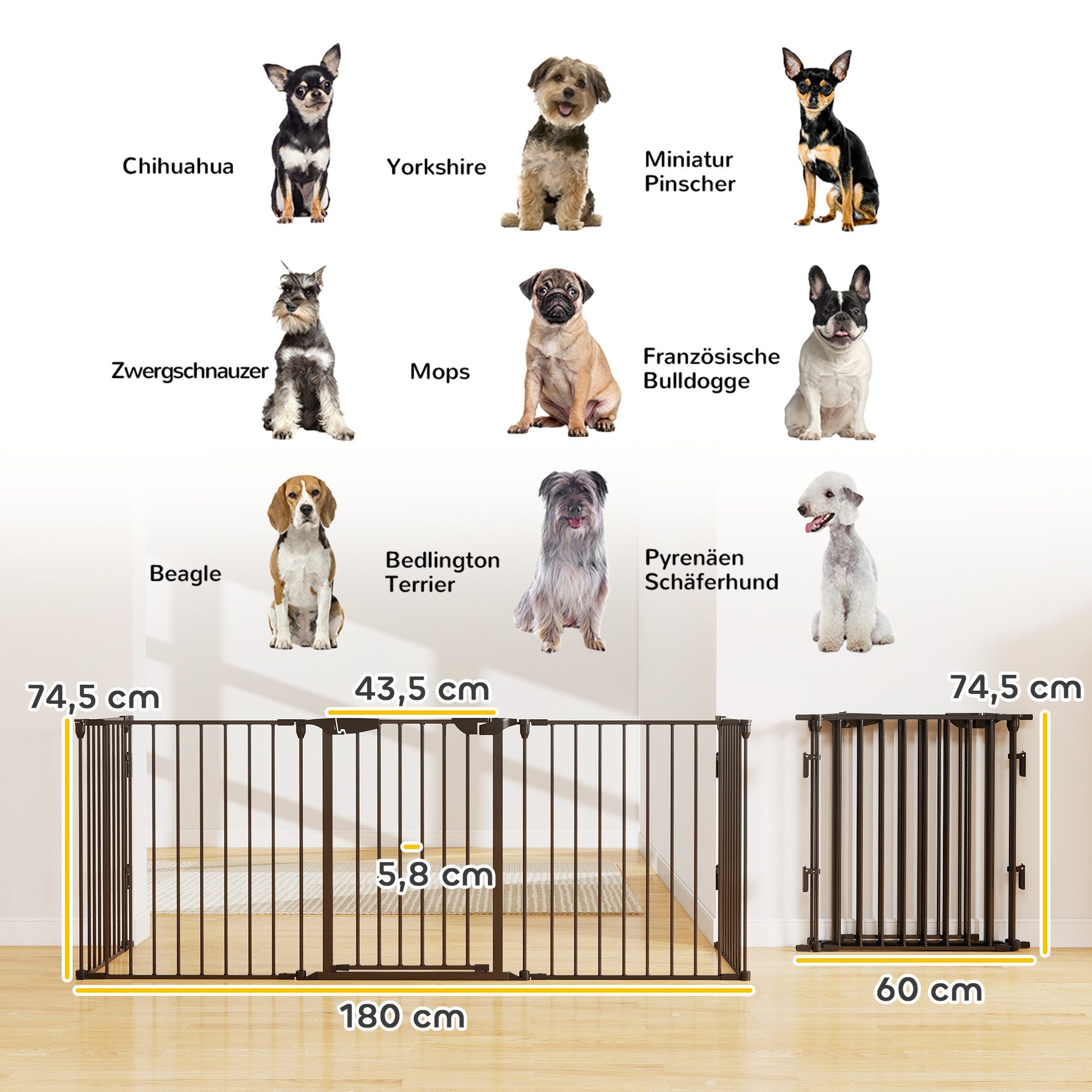 PawHut Freigehege 2 in 1 Welpenauslauf 5-TLG Klappbar Absperrgitter Hund mit Tür, für kleine und mittelgroße Hunde, 300 x 74,5 cm, Metall, Schwarz