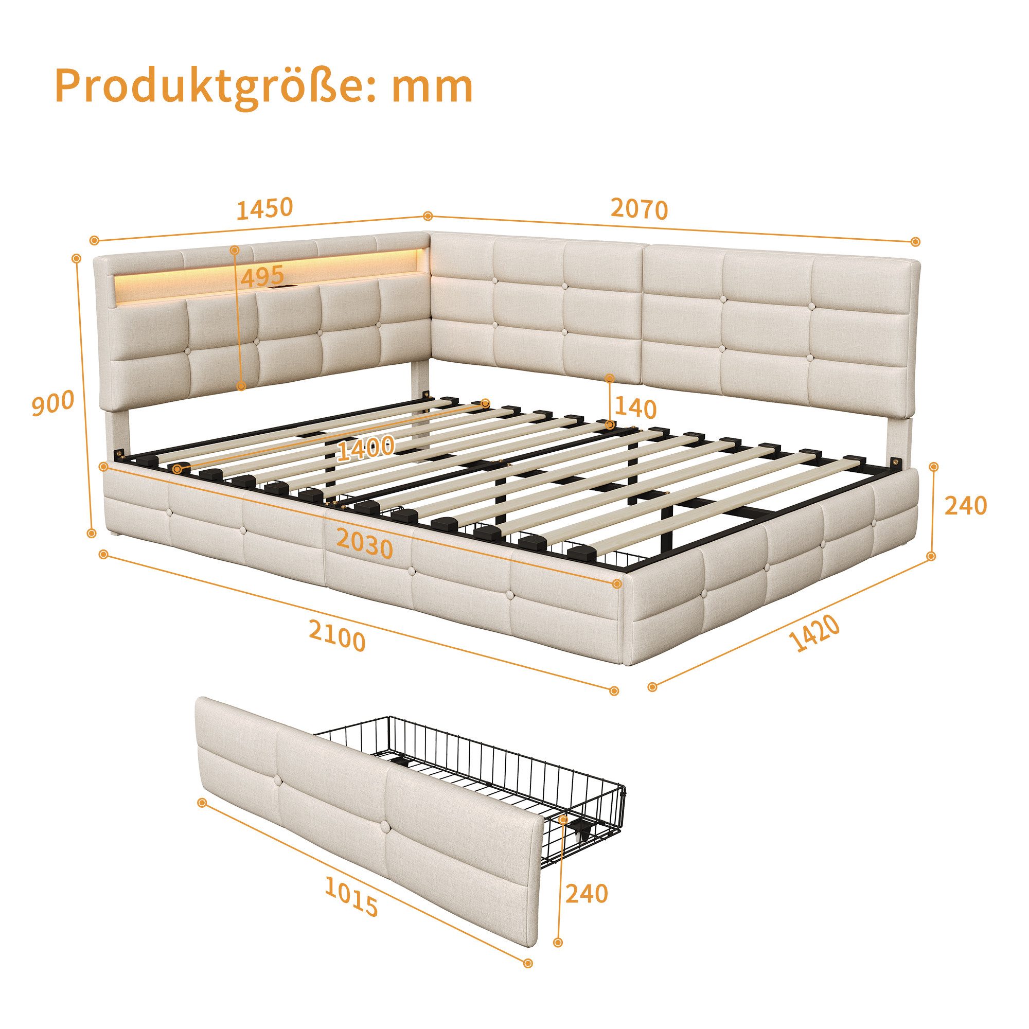 Gdood Polsterbett Daybett Jugendbett Tagesbett (1-tlg., 2 Schubladen, Geeignet für Jungen und Mädchen), Mit LED-Beleuchtung, Ladefunktion, Leinen, 140x200 cm