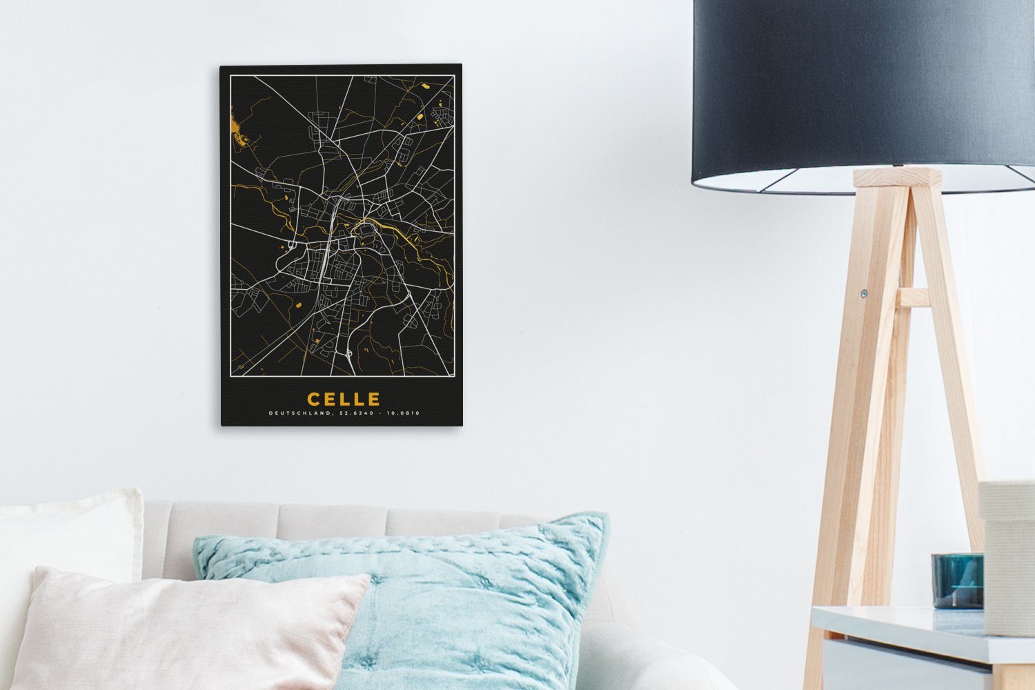 OneMillionCanvasses® Leinwandbild Schwarz inkl. - - Stadtplan bespannt Gemälde, Celle cm Karte, - (1 St), - Leinwandbild 20x30 und fertig Zackenaufhänger, Deutschland Gold