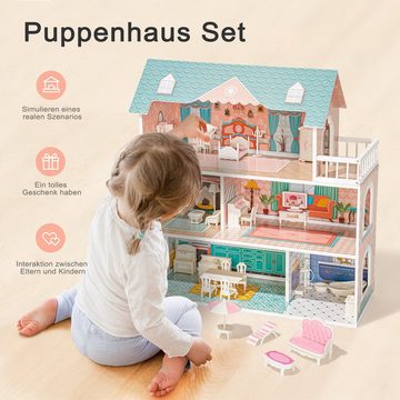 HAUSS SPLOE Puppenhaus Puppenhaus Puppenstube 3 Etagen Hölzernes Puppenhaus, (mit Puppenmöbel echtes Traumspielzeughaus), aus Holz tolles Geschenk für Mädchen