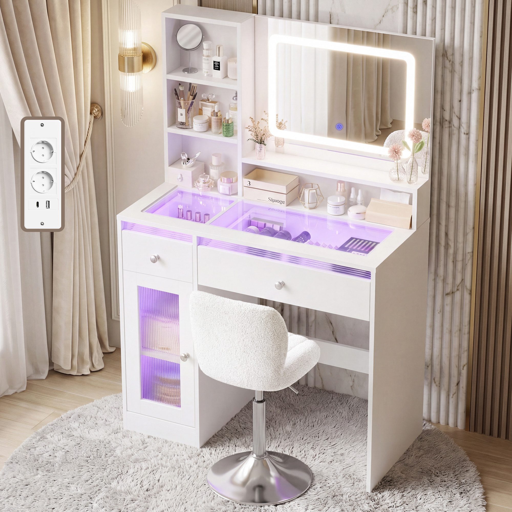 HOMALL Schminktisch Frisiertisch mit Spiegel und RGB-LED-Lichtleiste (Maße: 88 x 40 x 135 cm, 4 offene Ablagefächer, 2 Schubladen, 1 Schrank, 2 Steckdosenleisten, 1 USB-Anschluss, 1 Typ-C-Anschluss; LED-Beleuchtung mit drei einstellbaren Farbtönen, Schminktischstuhl, kleiner Schminktisch, optional mit Hocker-Set erhältlich)