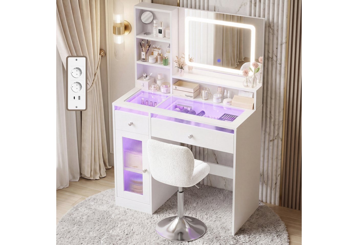HOMALL Schminktisch Frisiertisch mit Spiegel und RGB-LED-Lichtleiste (Maße: 88 x 40 x 135 cm, 4 offene Ablagefächer, 2 Schubladen, 1 Schrank, 2 Steckdosenleisten, 1 USB-Anschluss, 1 Typ-C-Anschluss, LED-Beleuchtung mit drei einstellbaren Farbtönen, Schmin