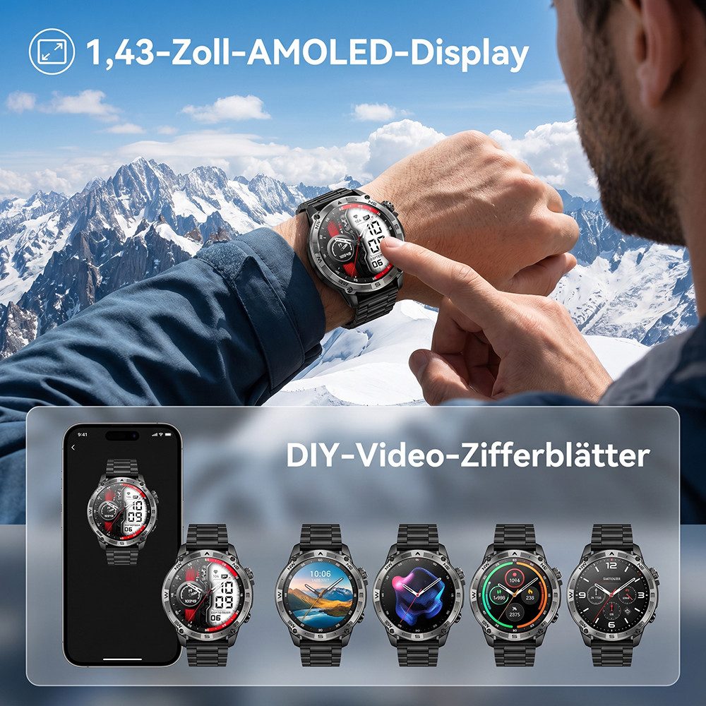 Vashoy Smartwatches für Damen und Herren mit Bluetooth Anrufe & AMOLED Smartwatch (390mm cm/1.43-1.19 Zoll, Android4.4/ISO1.0) Spar-Set, 6-tlg., IP68 wasserdich – Bild 3 von 5