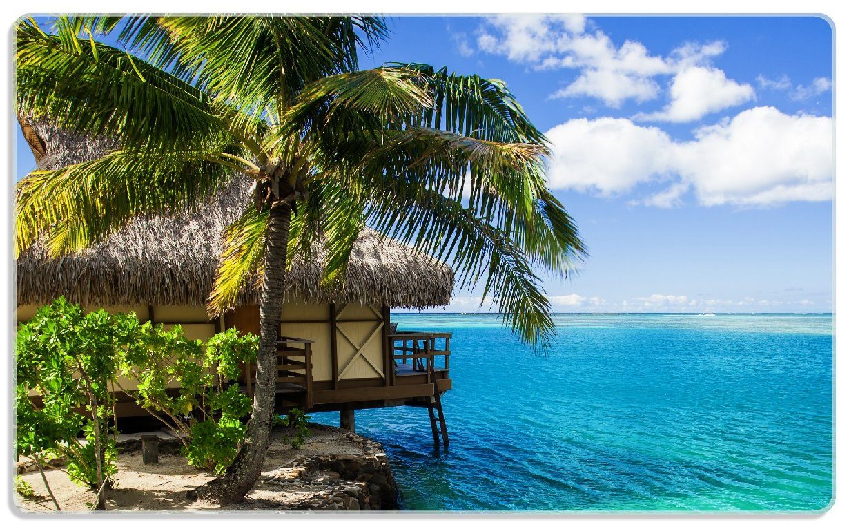  1-St), (inkl. ESG-Sicherheitsglas, unter Gummifüße Wallario Frühstücksbrett Meer Karibisches 14x23cm rutschfester Palmen, Hütte 4mm, Einsame
